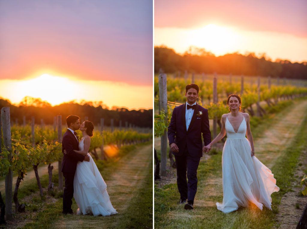 Bride and Groom walking through a vineyard on North Fork Long Island at sunset