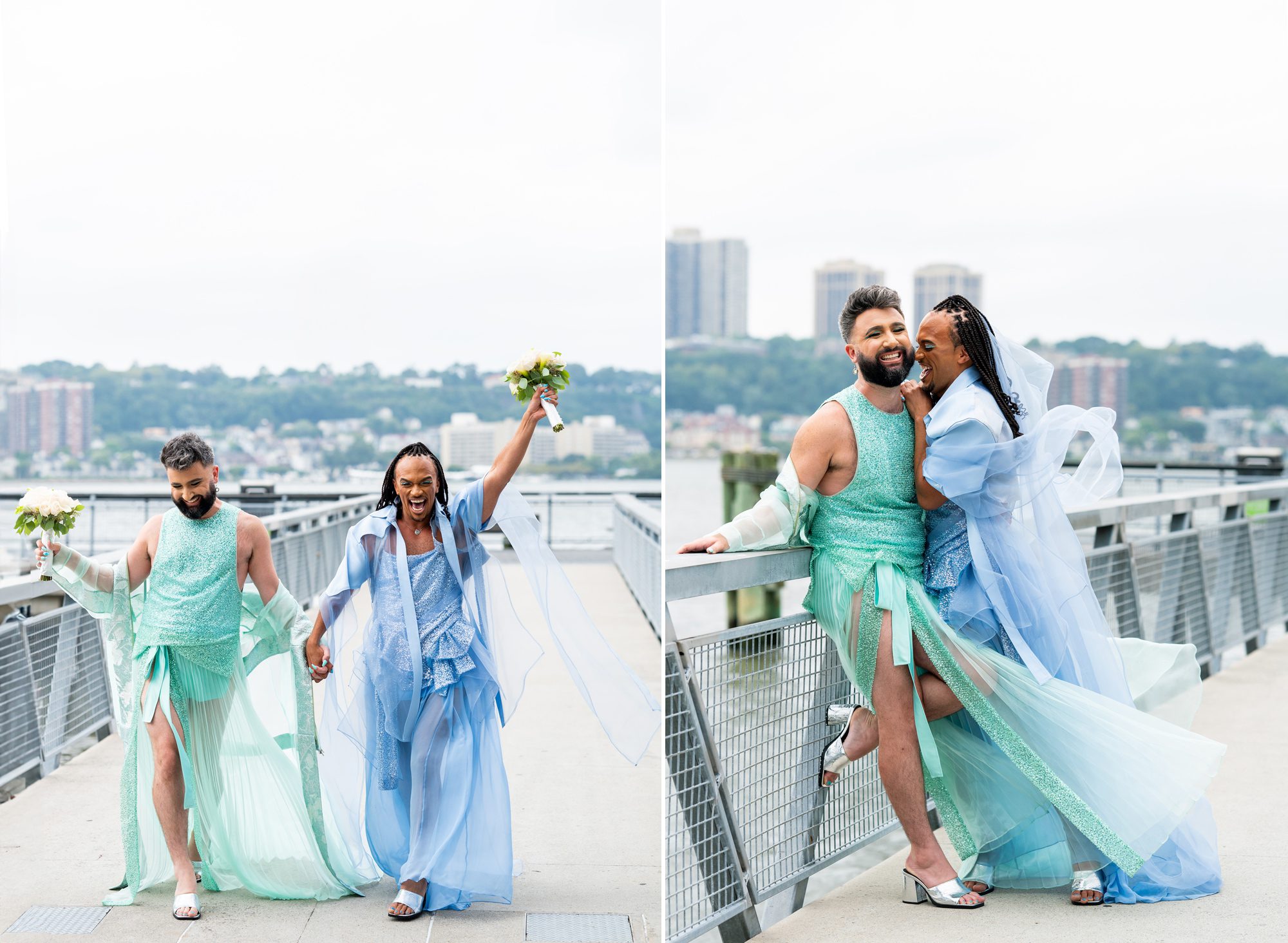 A queer couple taking wedding photos in sparkly outfits along the Hudson River in NYC. 
