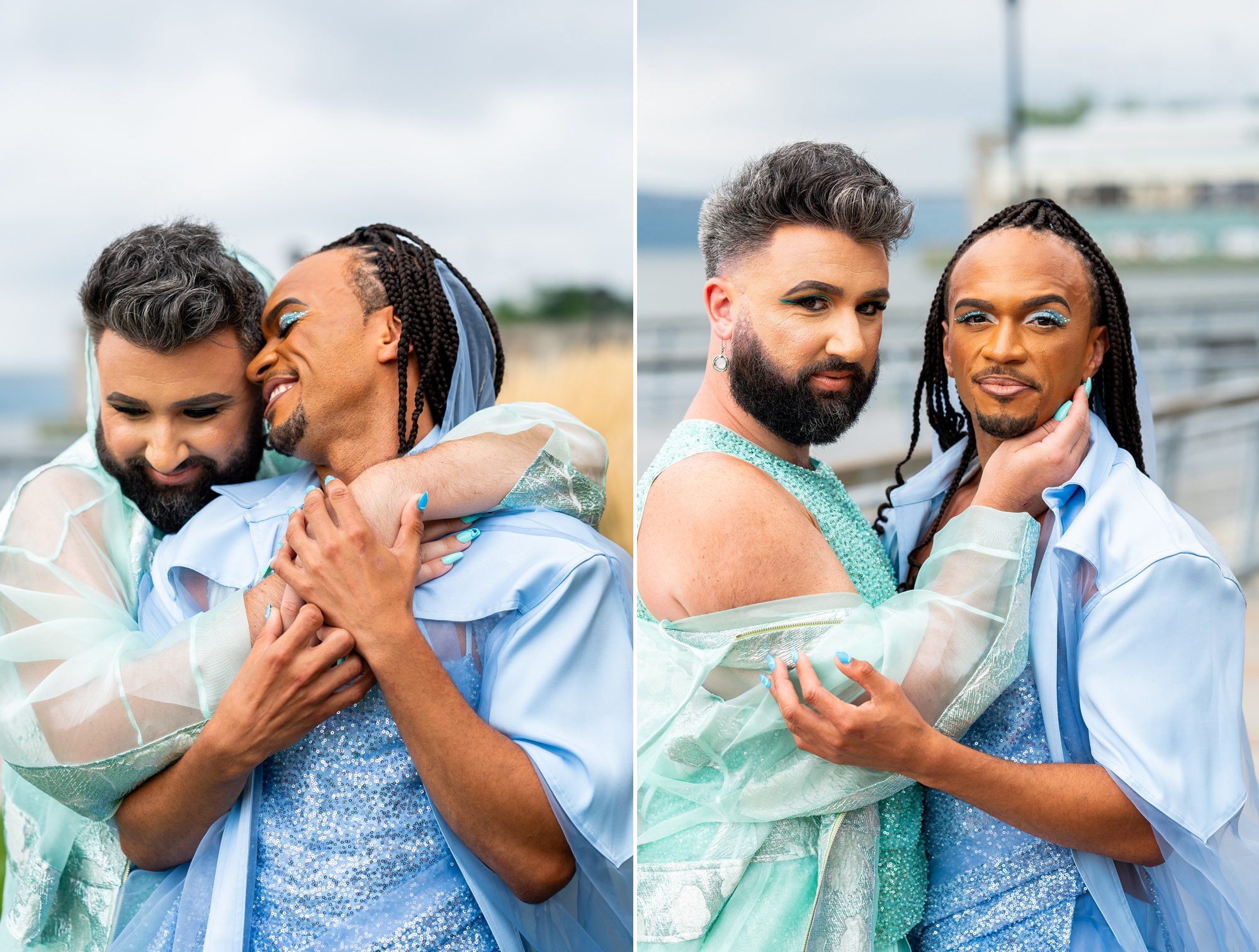 Two grooms taking wedding photos wearing very sparkly outfits snuggling and looking at the camera. 