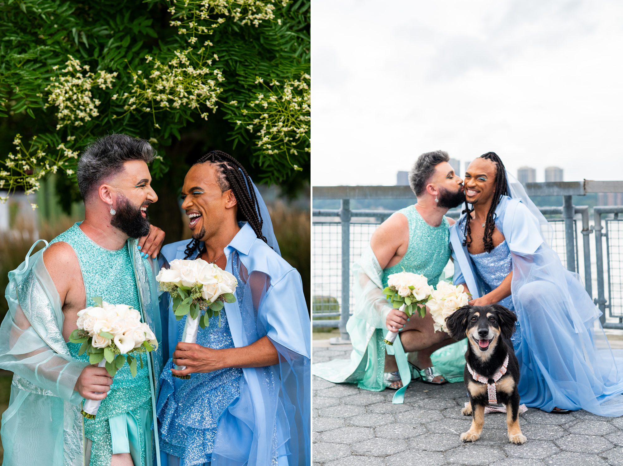 A queer couple laughing and with their dog on their wedding day wearing blue and green sparkly outfits. 