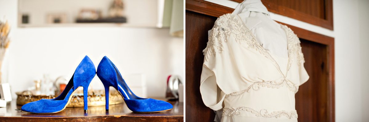 Blue Wedding Shoes and Vintage Wedding Dress