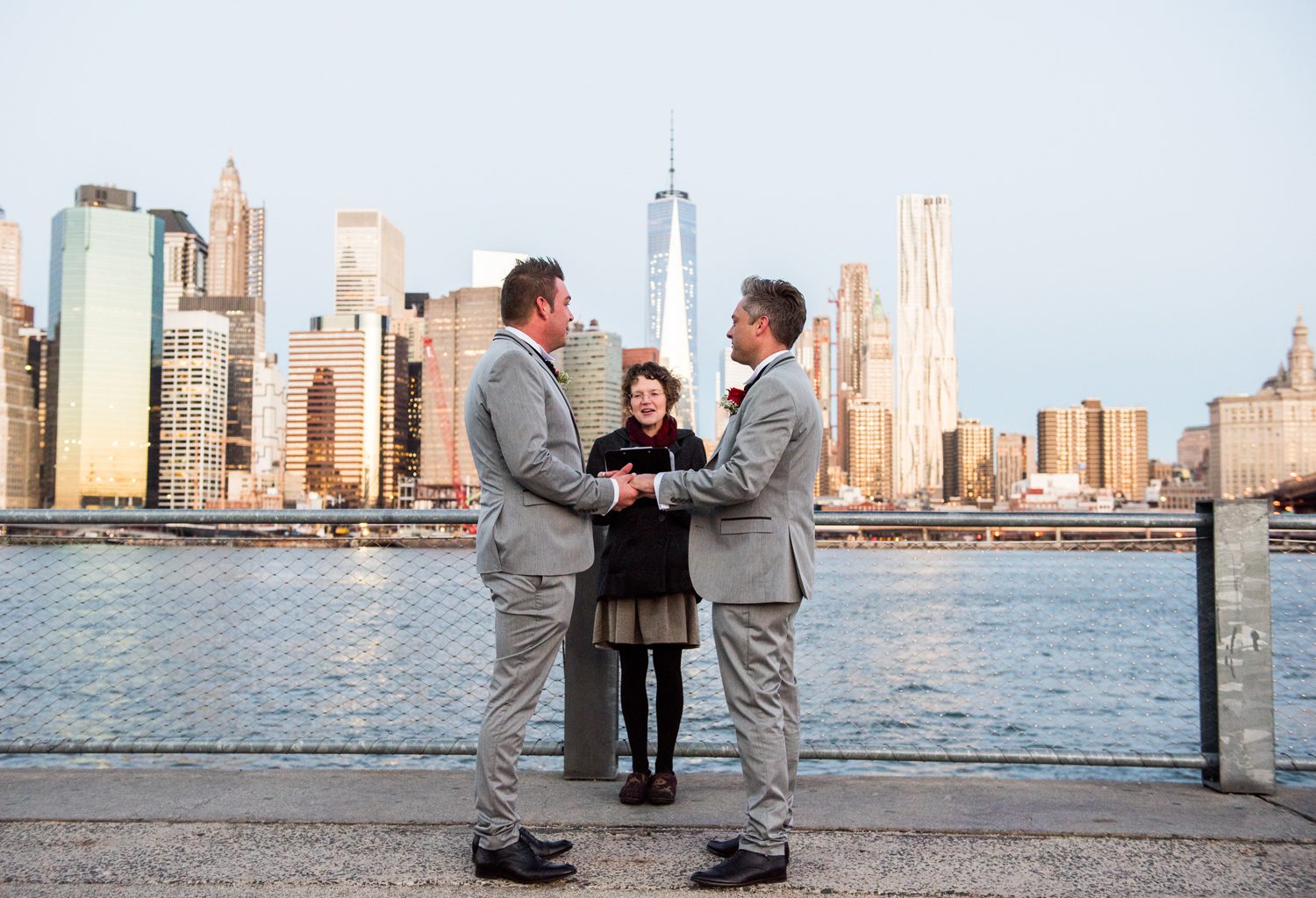 Sunrise Elopement with Two Grooms at Brooklyn Bridge Park