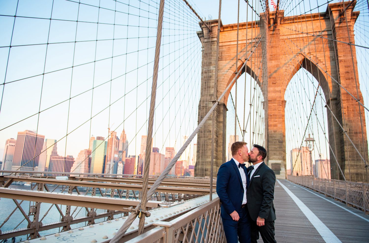Brooklyn Bridge at Sunrise with Two Grooms 