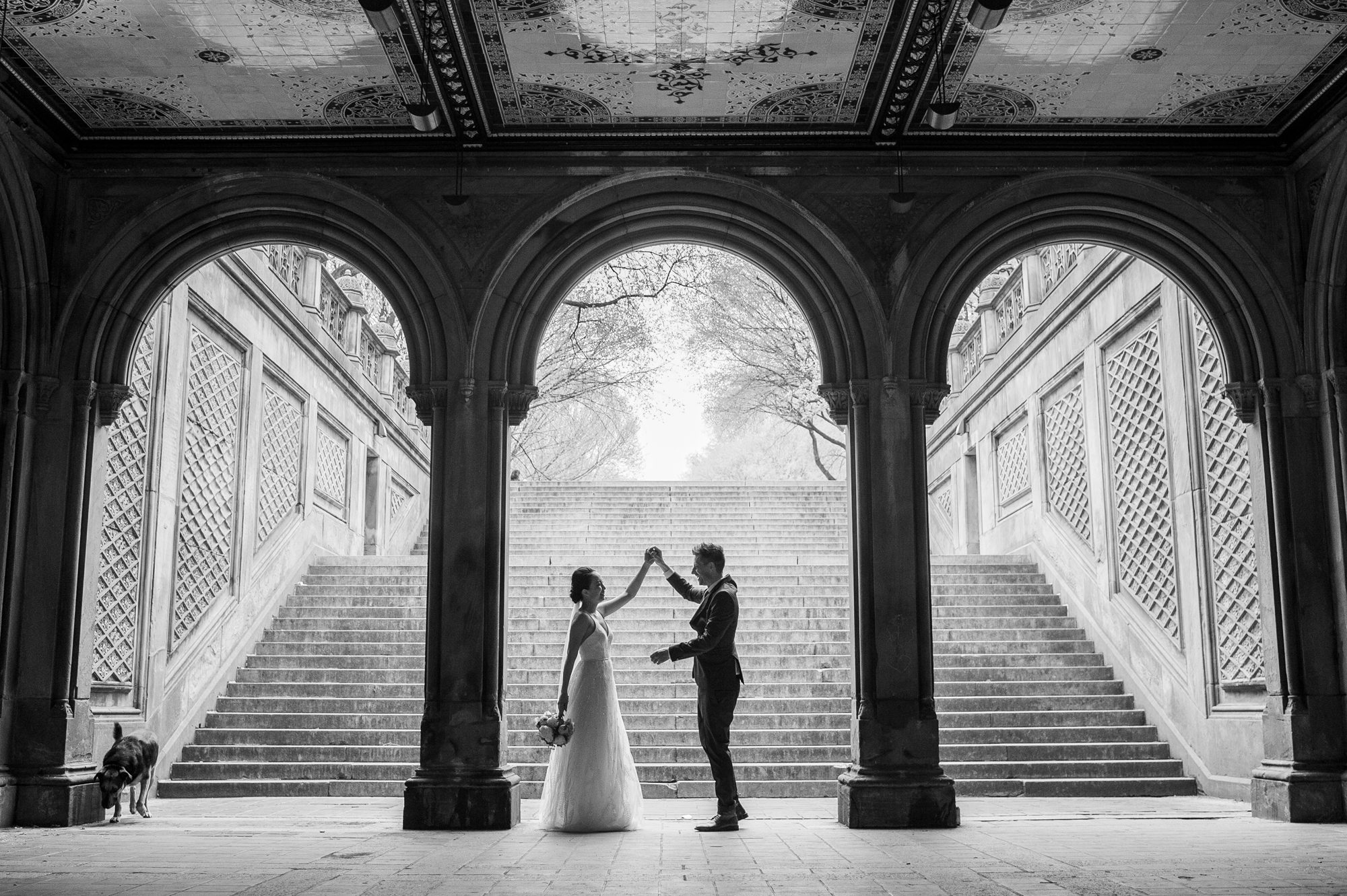 Black and White Bethesda Terrace Wedding Central Park 