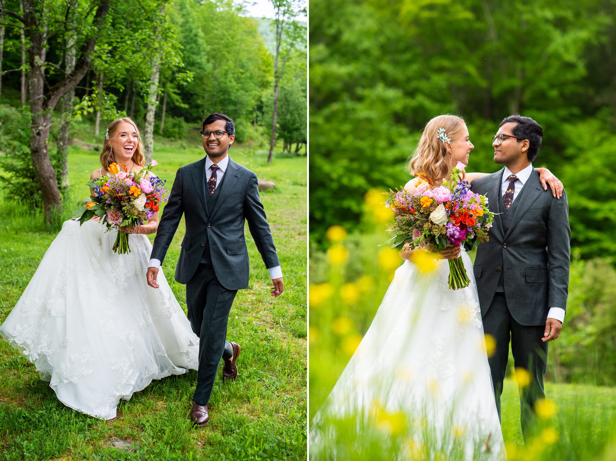 Bride and Groom at Full Moon Resort with Colorful Bouquet