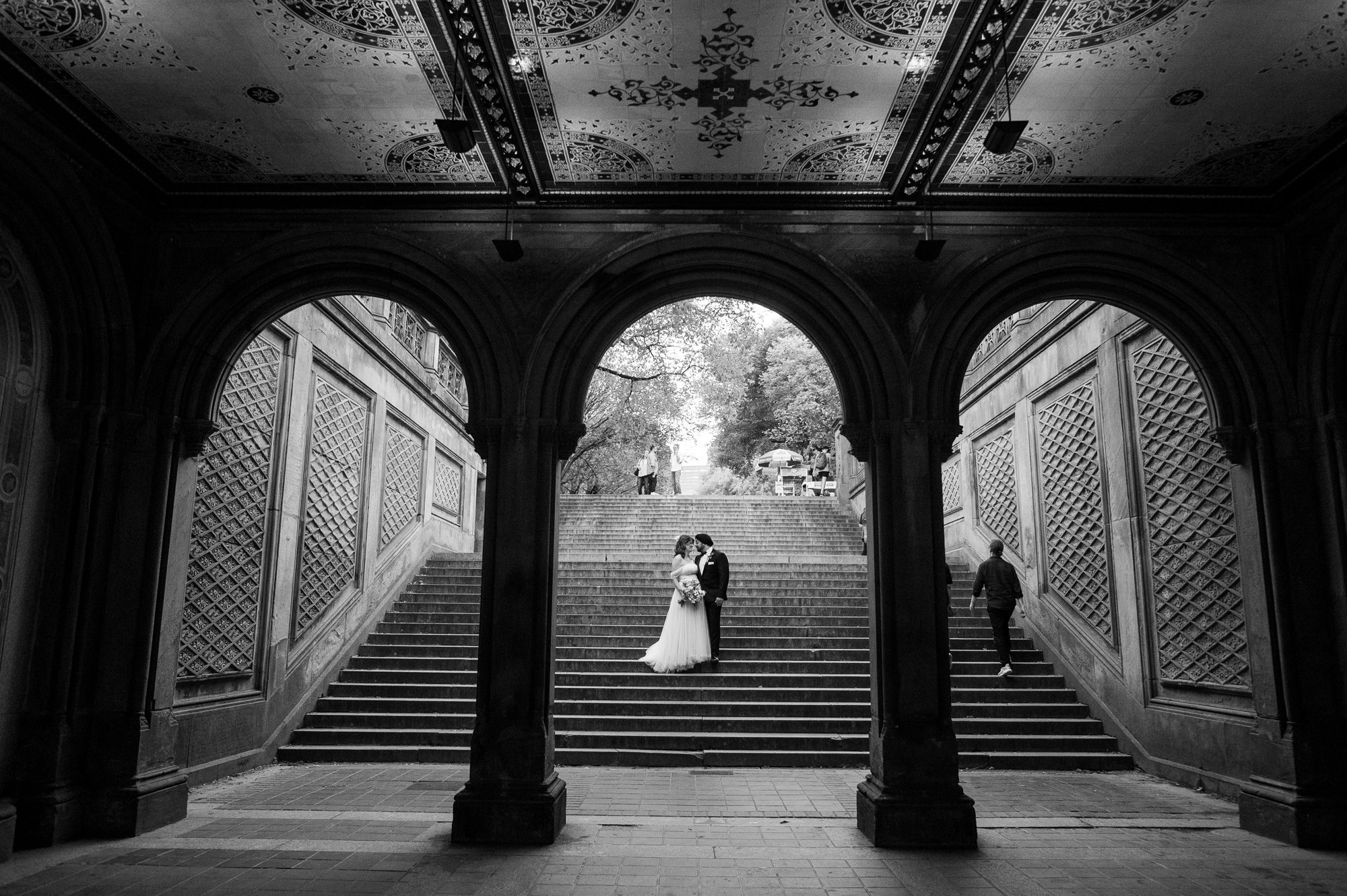 Black and White Bethesda Terrace Wedding Photo