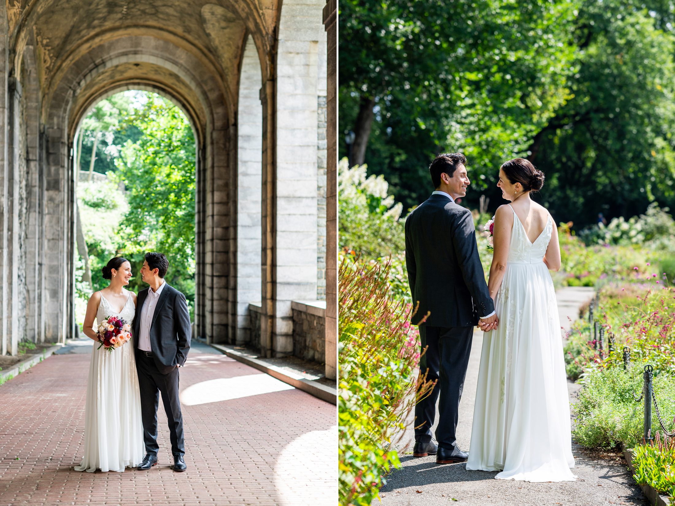 Bride and Groom taking wedding photos in Fort Tryon Park after their NYC Elopement 