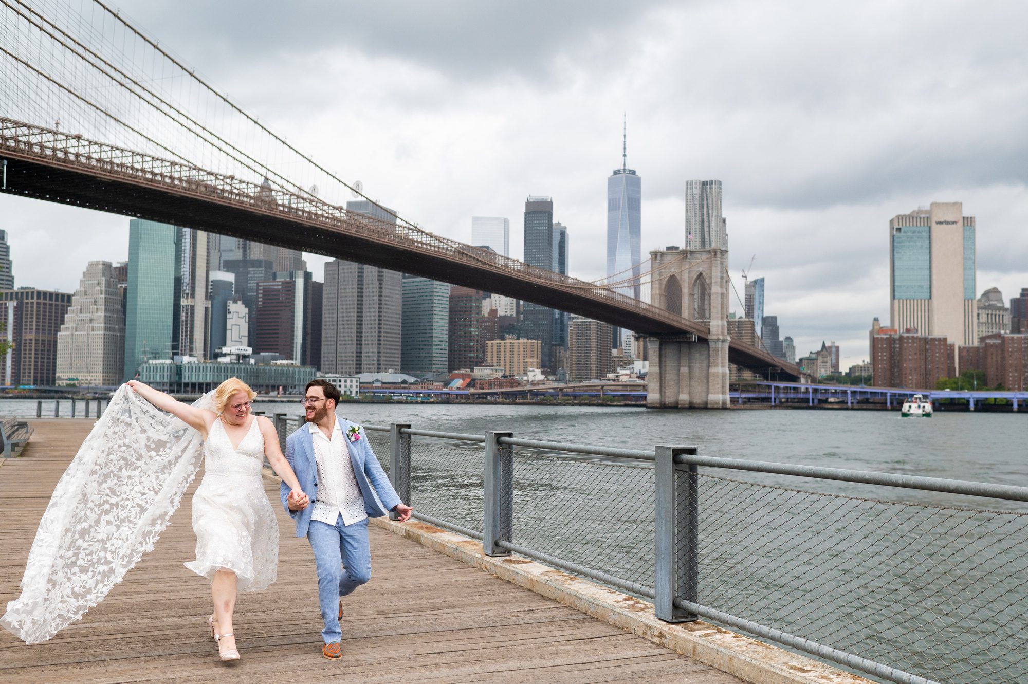 Bride with Long Veil at Brooklyn Bridge Park 