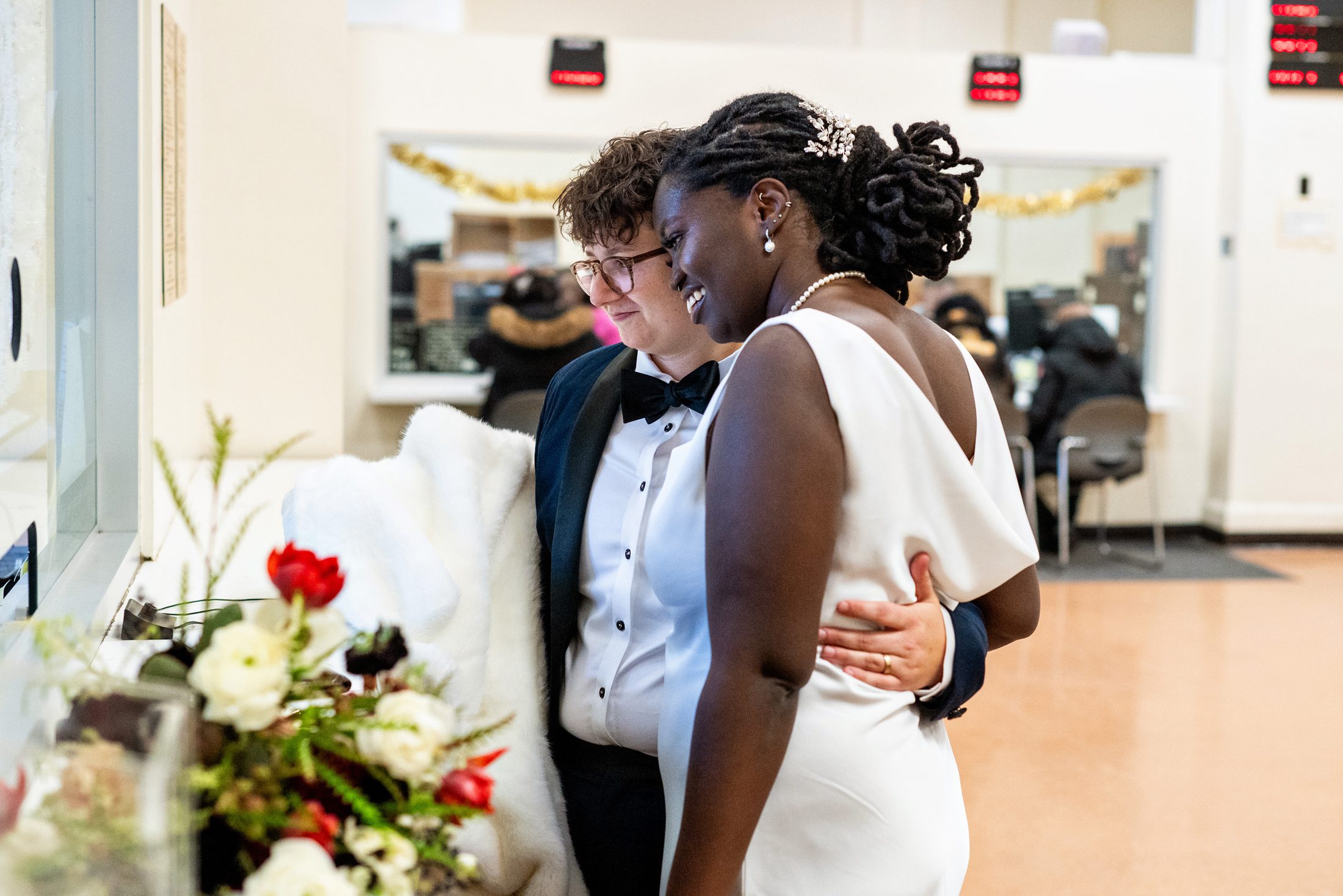 Couple waiting to sign marriage paperwork at Brooklyn City Hall