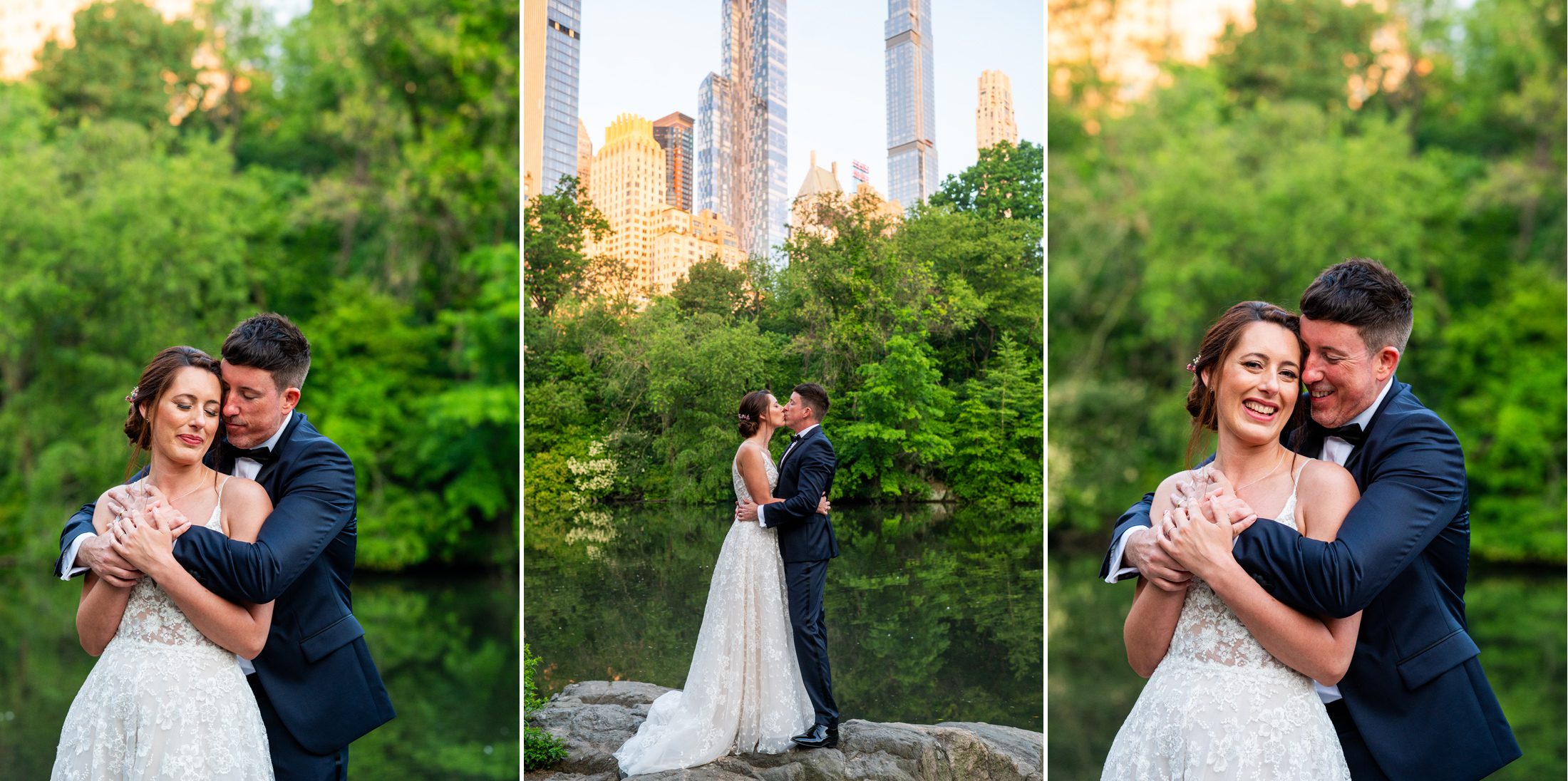 Couple taking wedding photos at sunrise in Central Park 