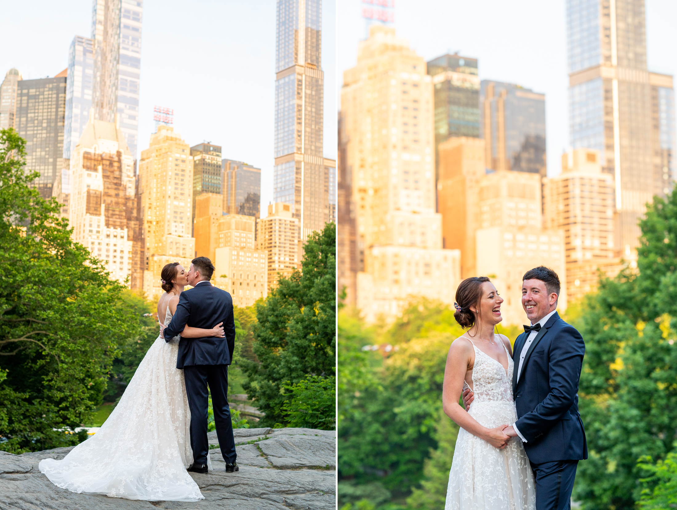 Bride and Groom at Cat Rock in Central Park at sunrise kissing and facing each other. 