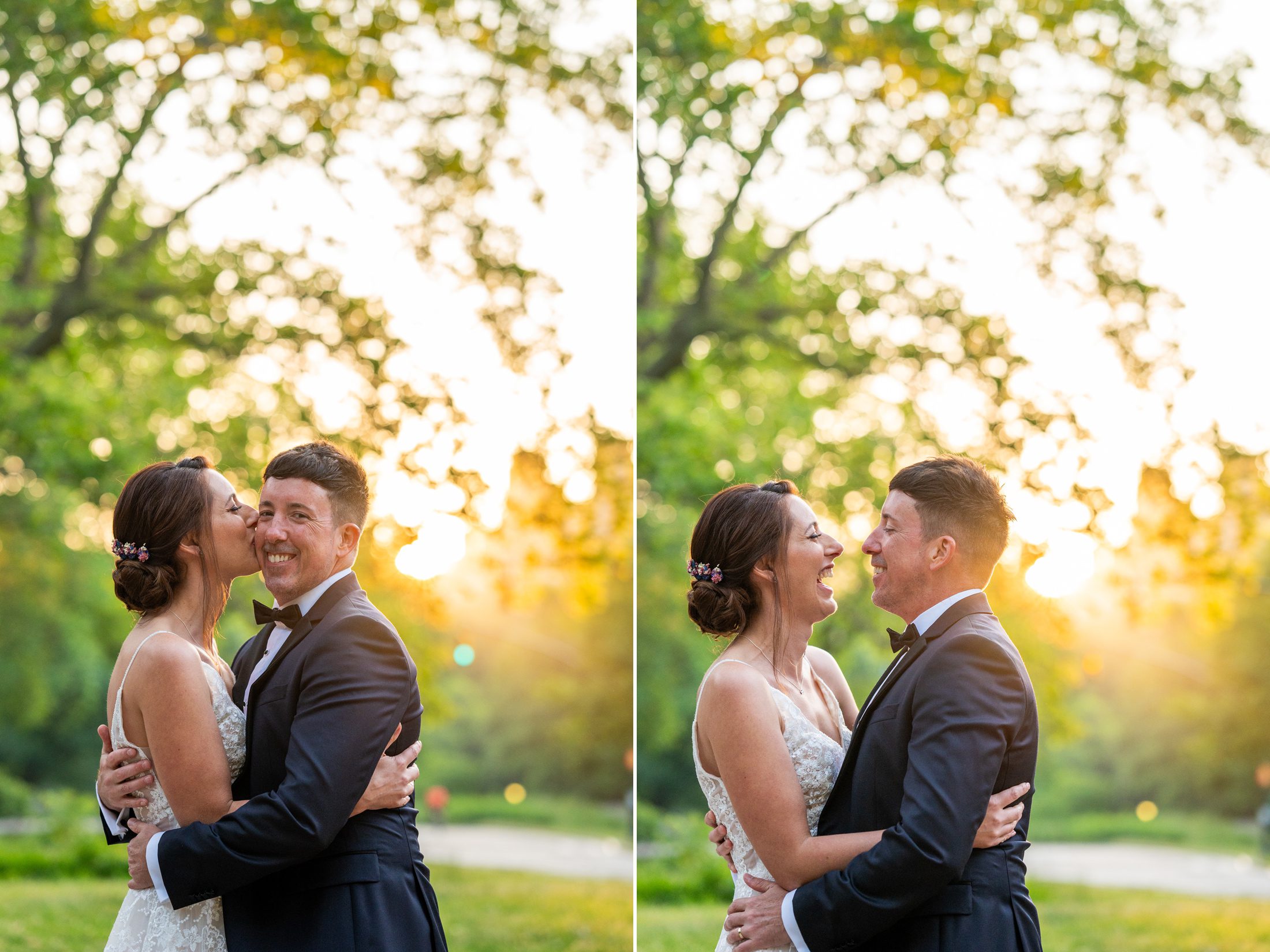 Bride and groom laughing and kissing with sunrise light behind them 