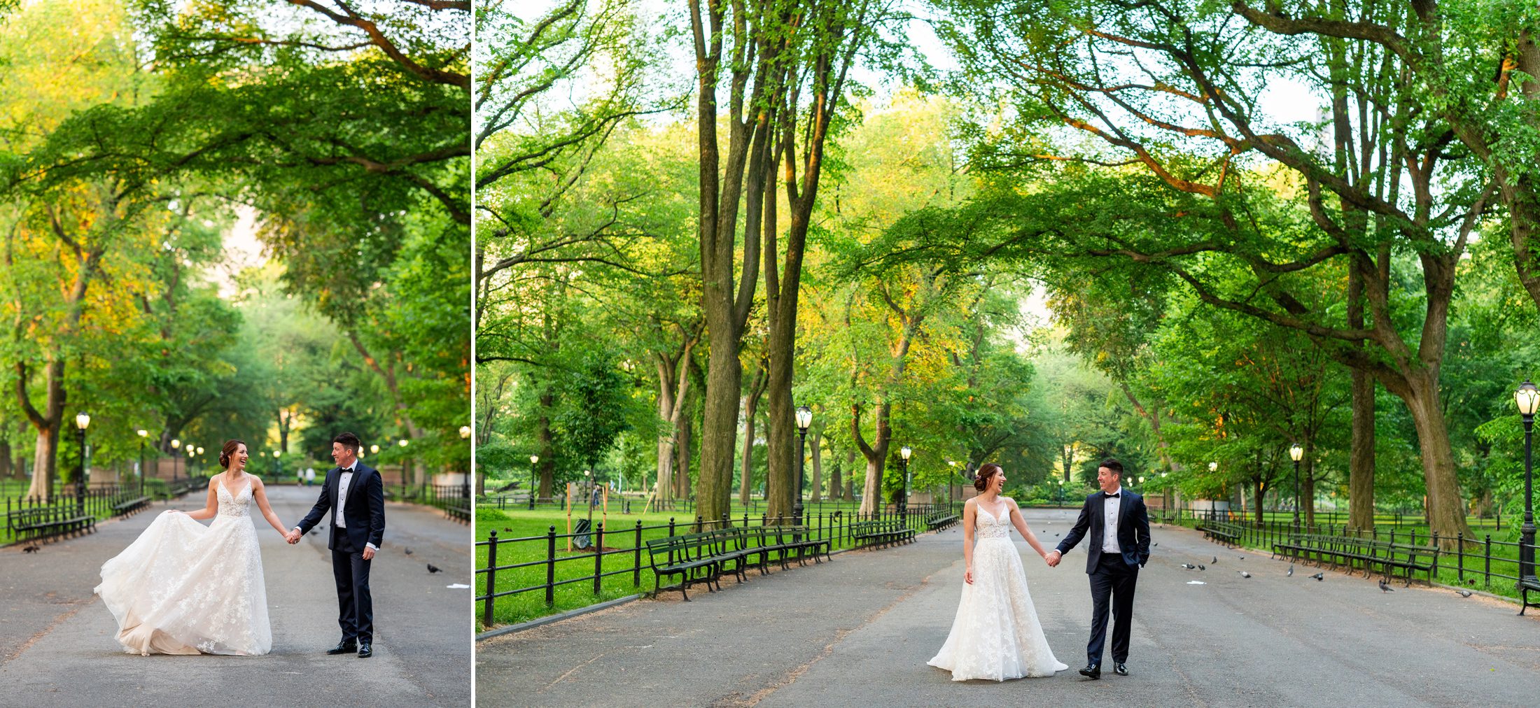 Bride and groom walking in Central Park 