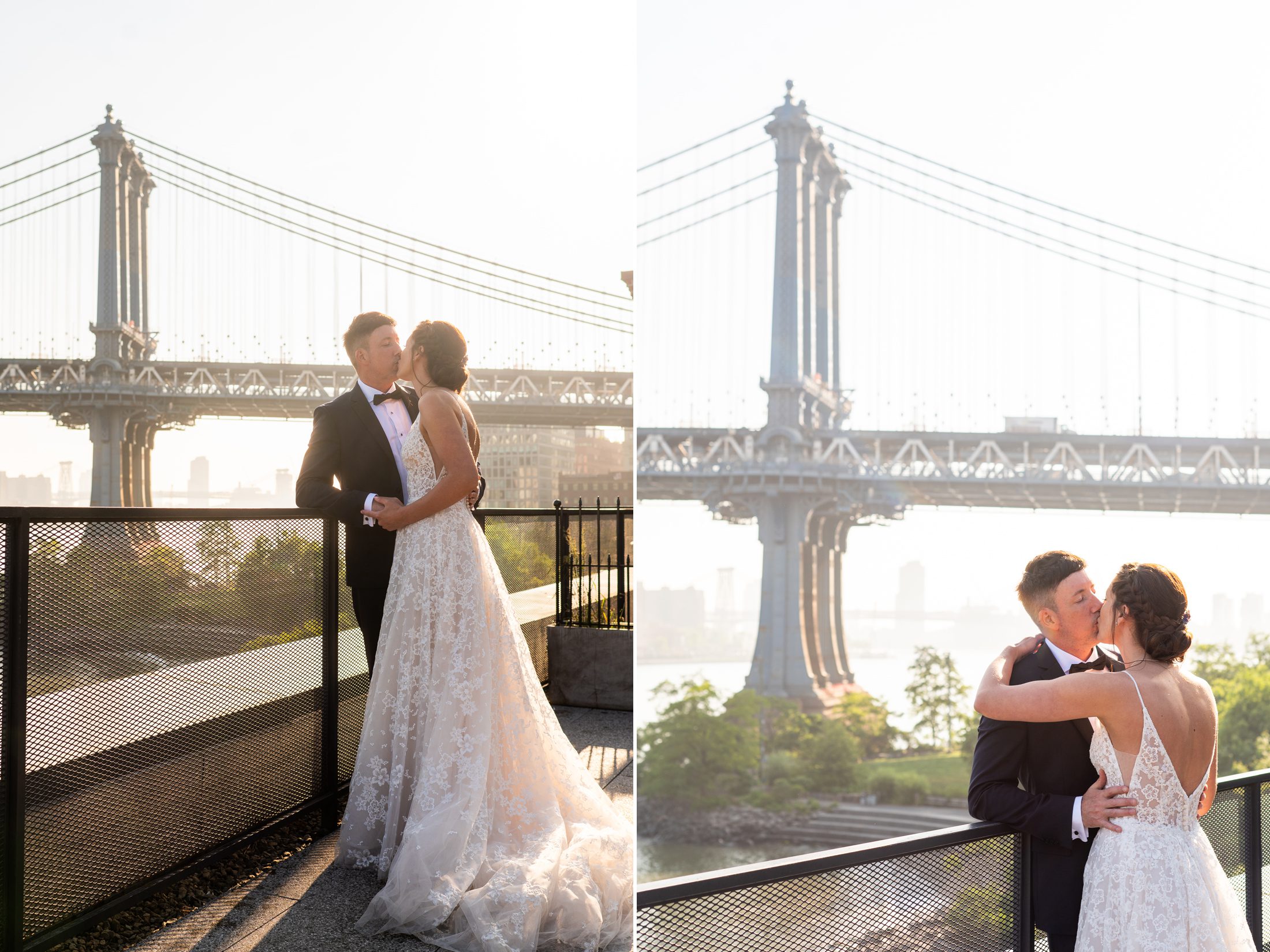 Couple kissing with Manhattan Bridge in the background. 