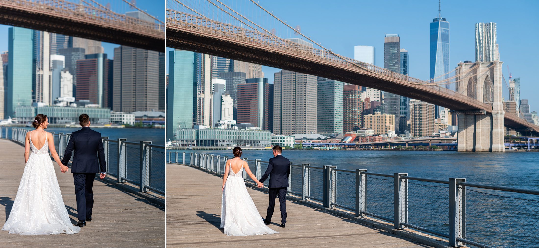 Couple walking away from the camera with Brooklyn Bridge in the background. 