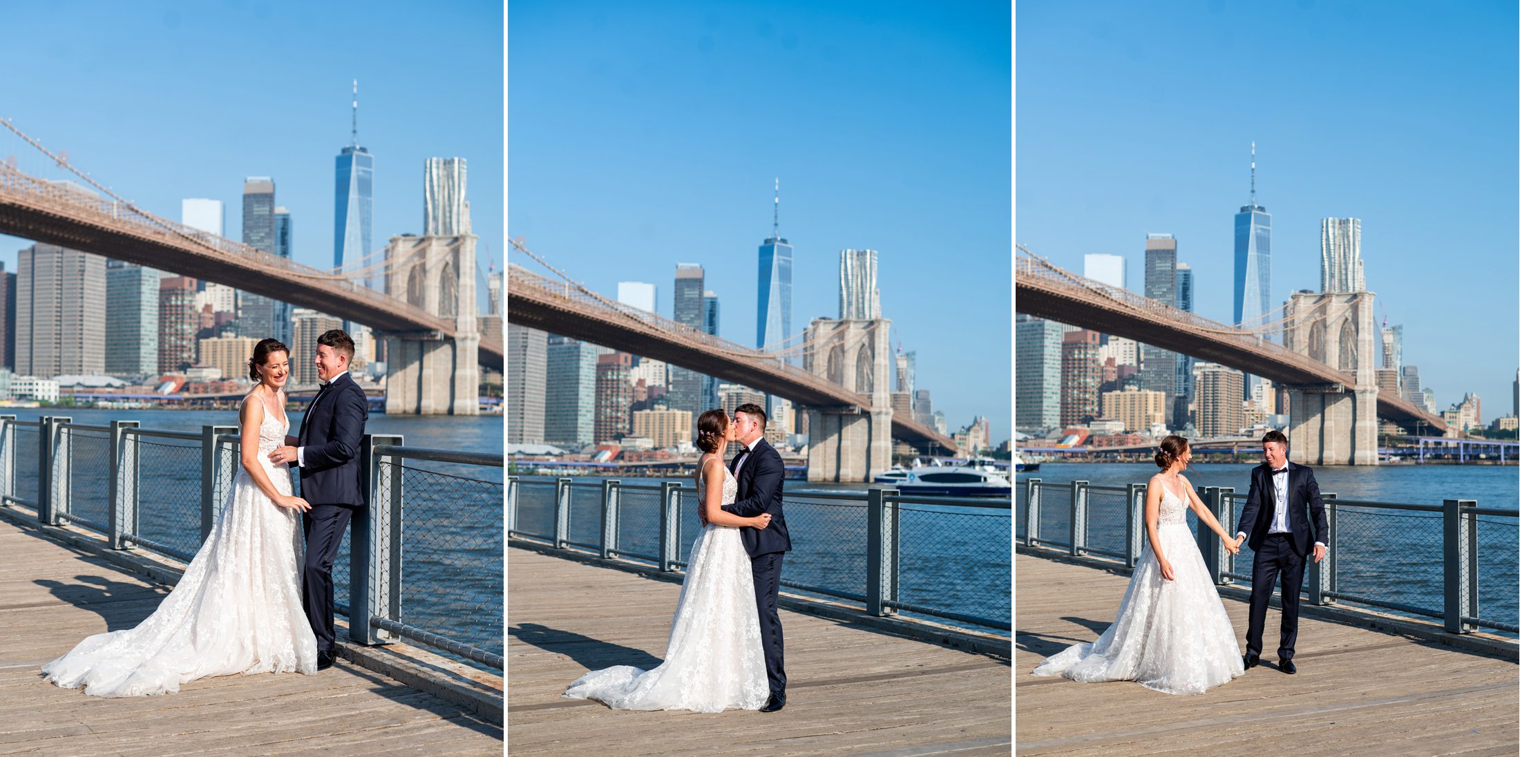 Bride and Groom taking wedding photos at Brooklyn Bridge Park 