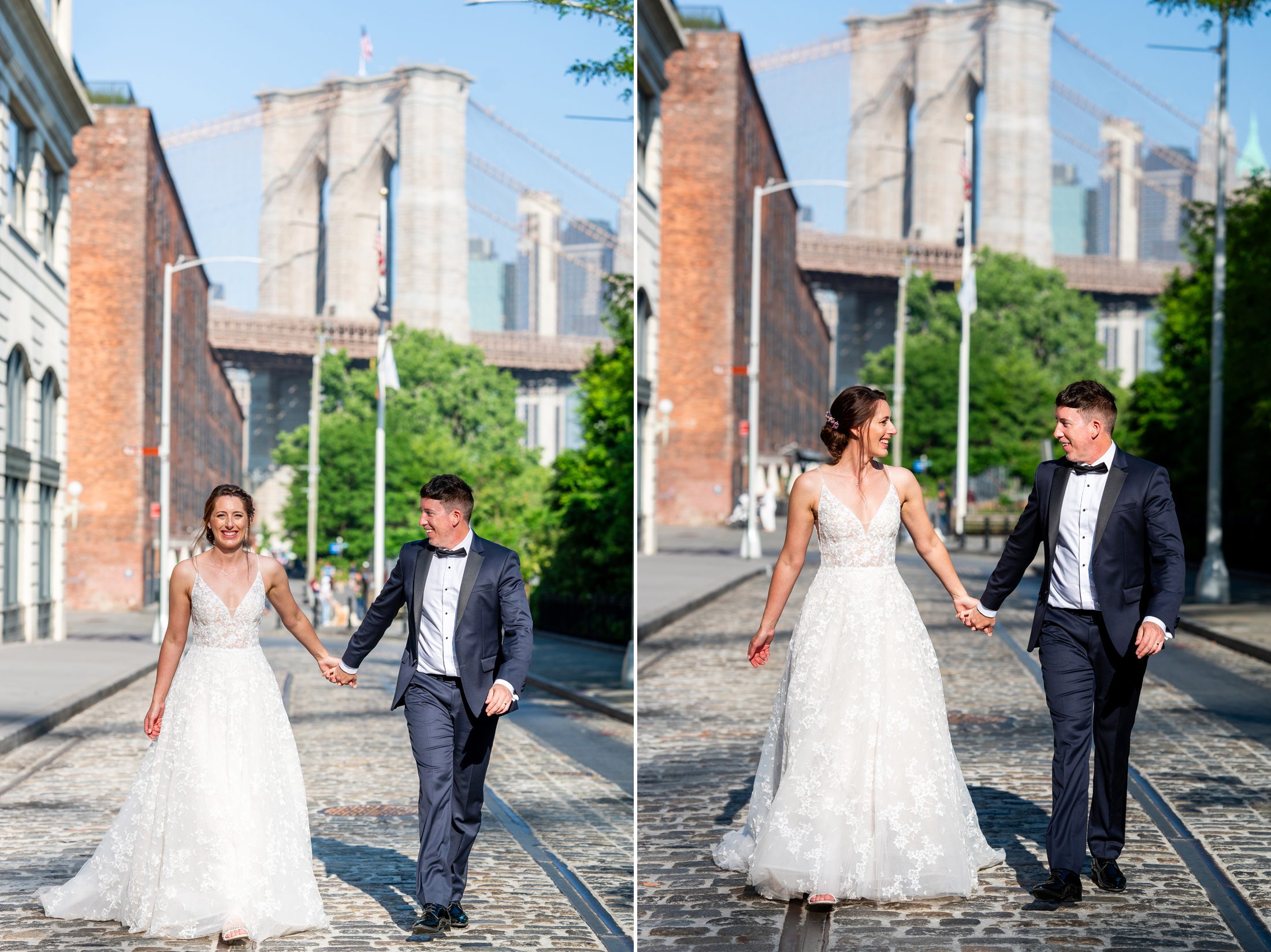 Bride and groom walking on cobblestone street in Dumbo Brooklyn. 