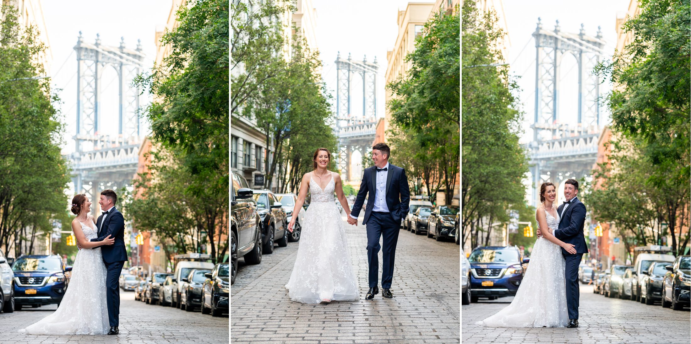 Bride and groom on the street in Dumbo Brooklyn 