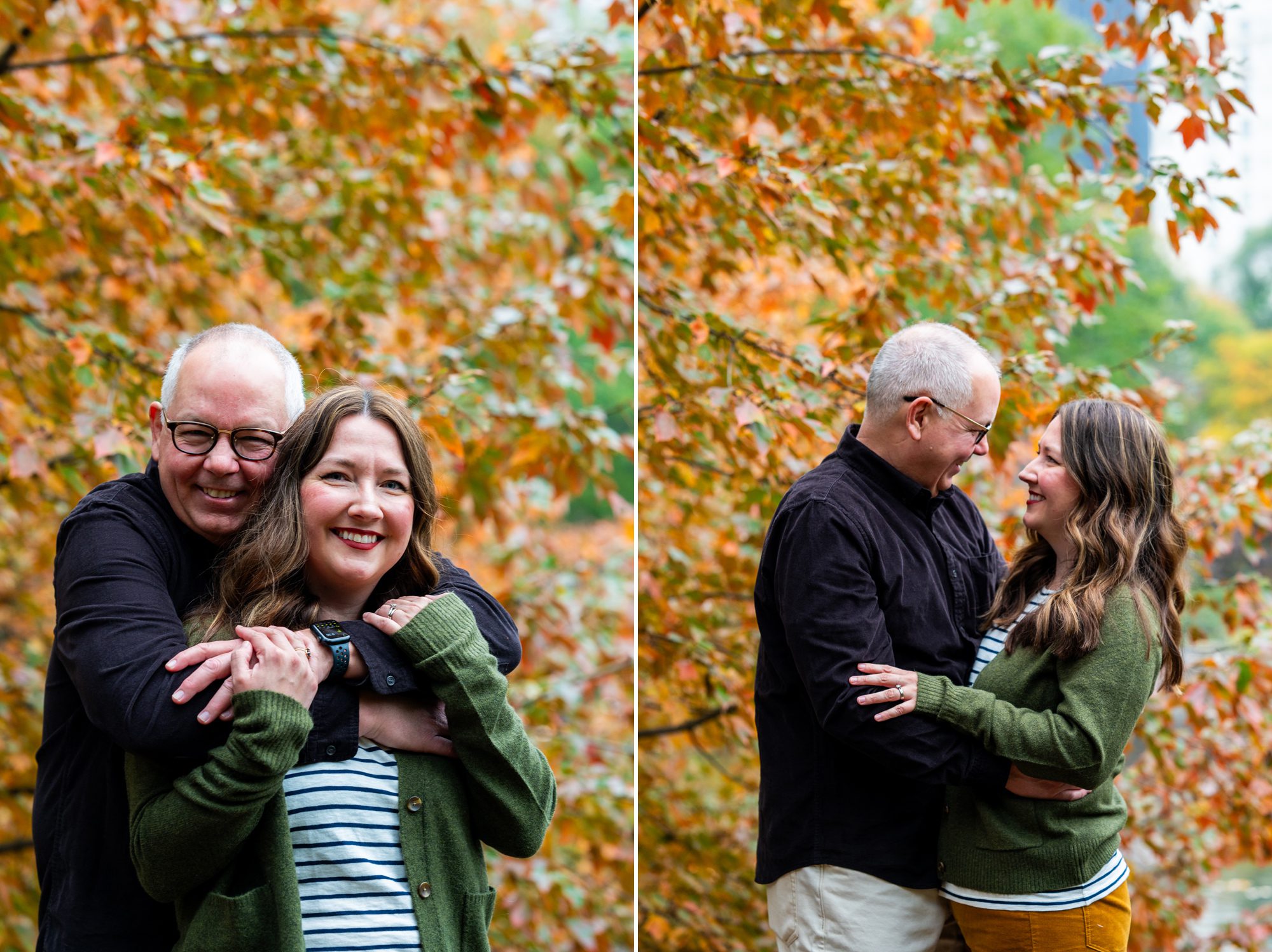 Couple posing with fall leaves behind them in Central Park NYC