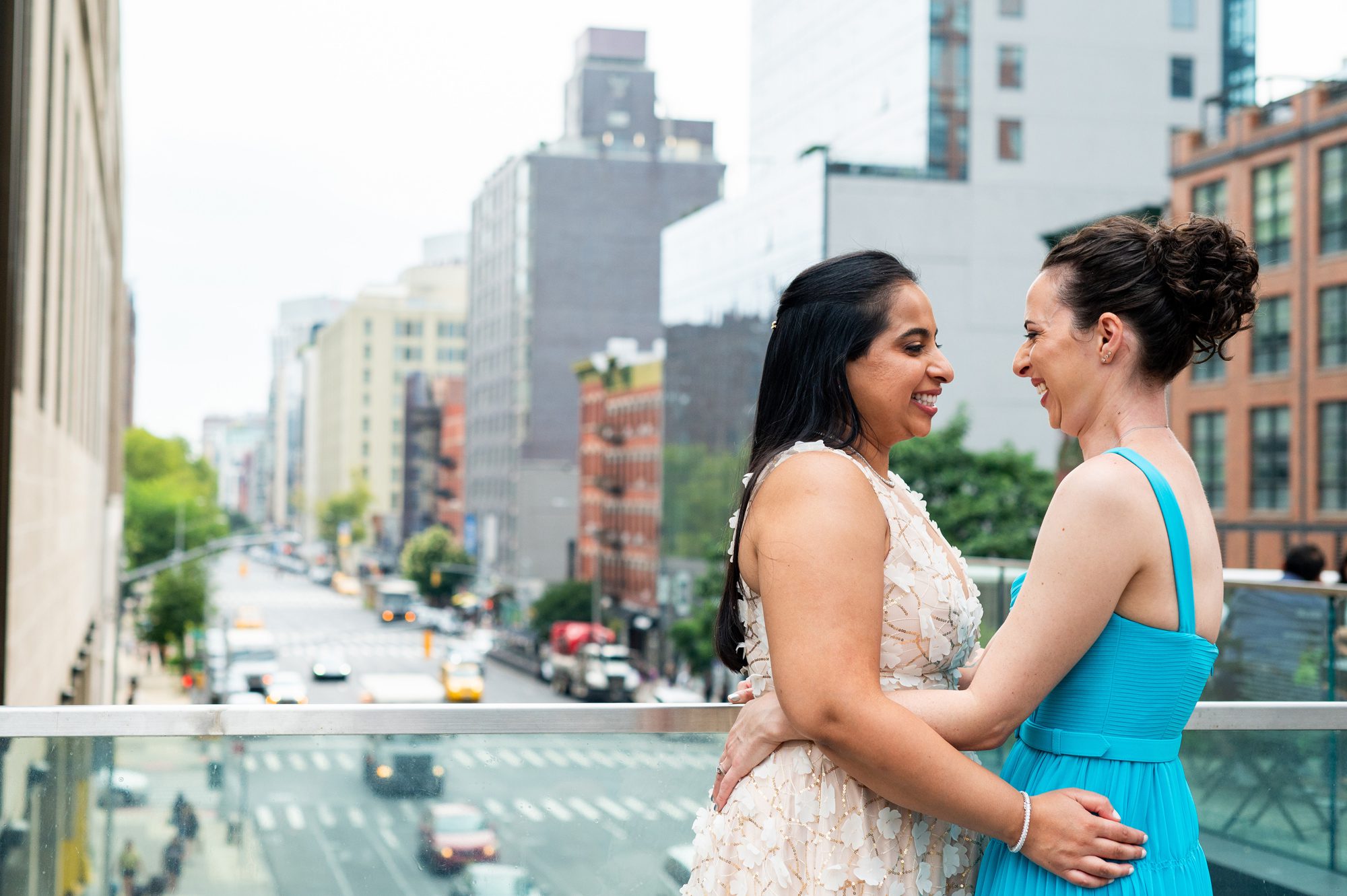 Two brides taking wedding photos at NYC Highline. 