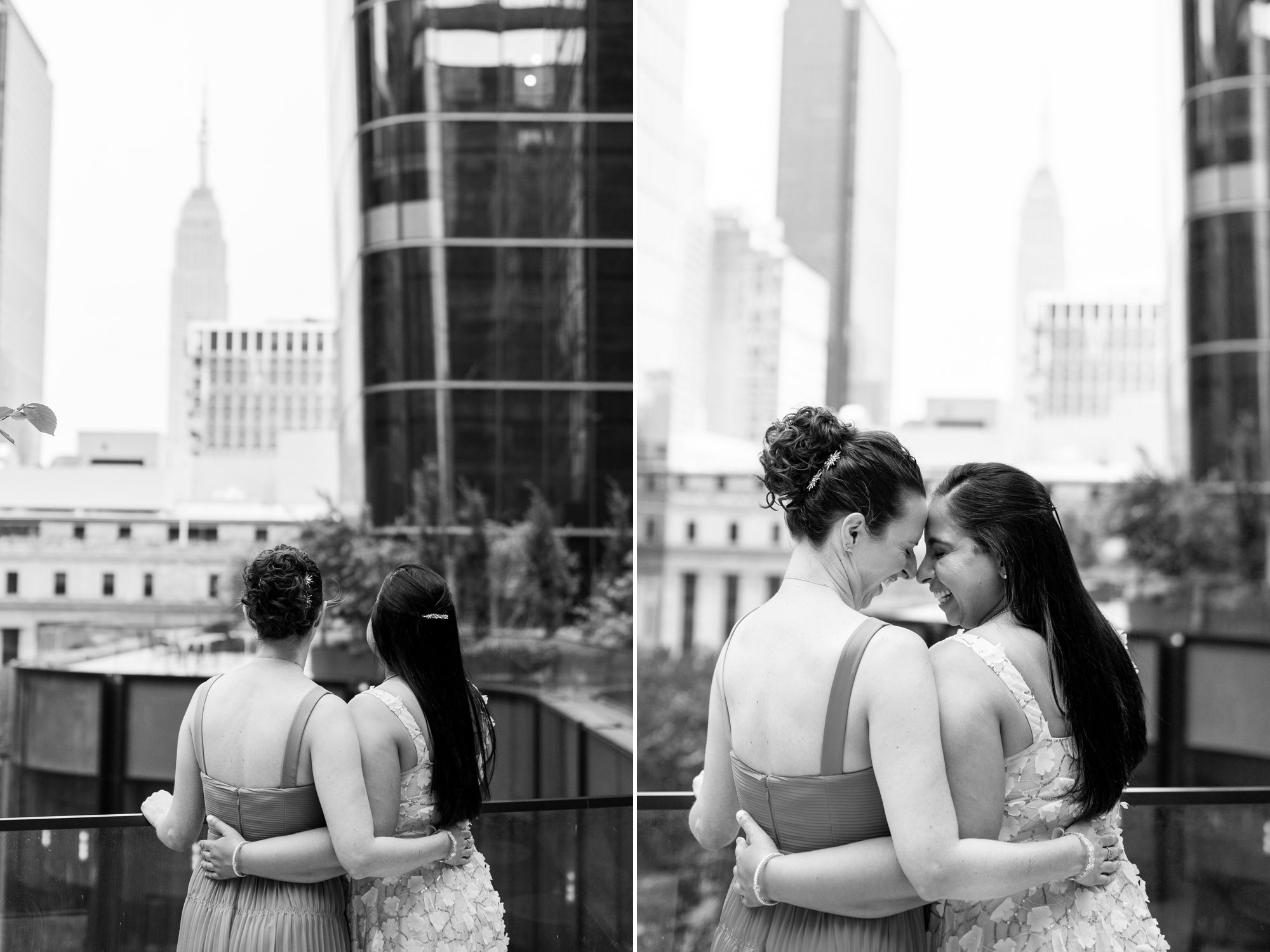 Black and white photos of brides snuggling with Empire State building in the background. 