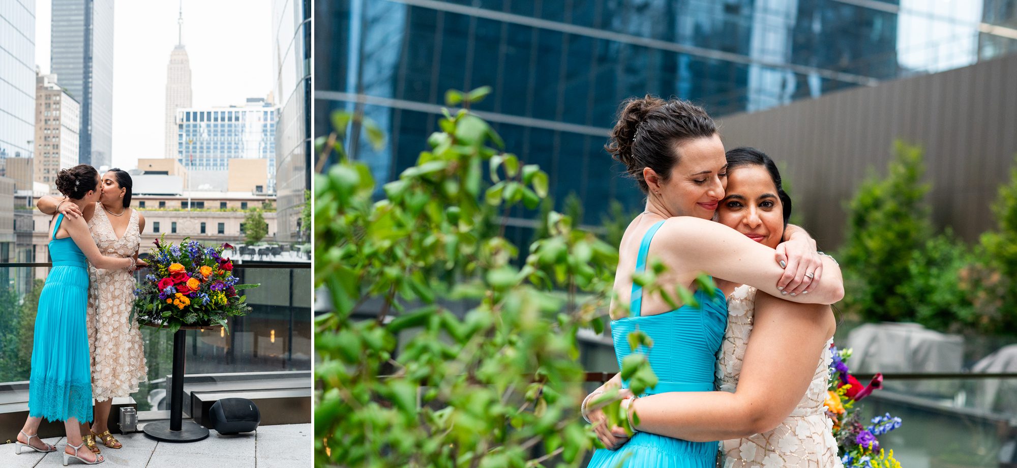 Two brides snuggling after their new york elopement ceremony. 