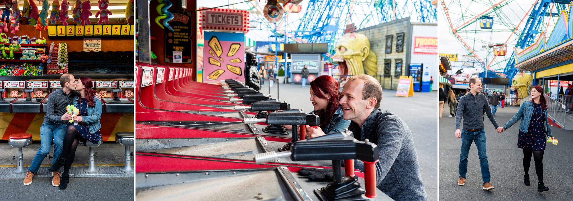 Couple playing carnival games for engagement photos at Coney Island in Brooklyn 