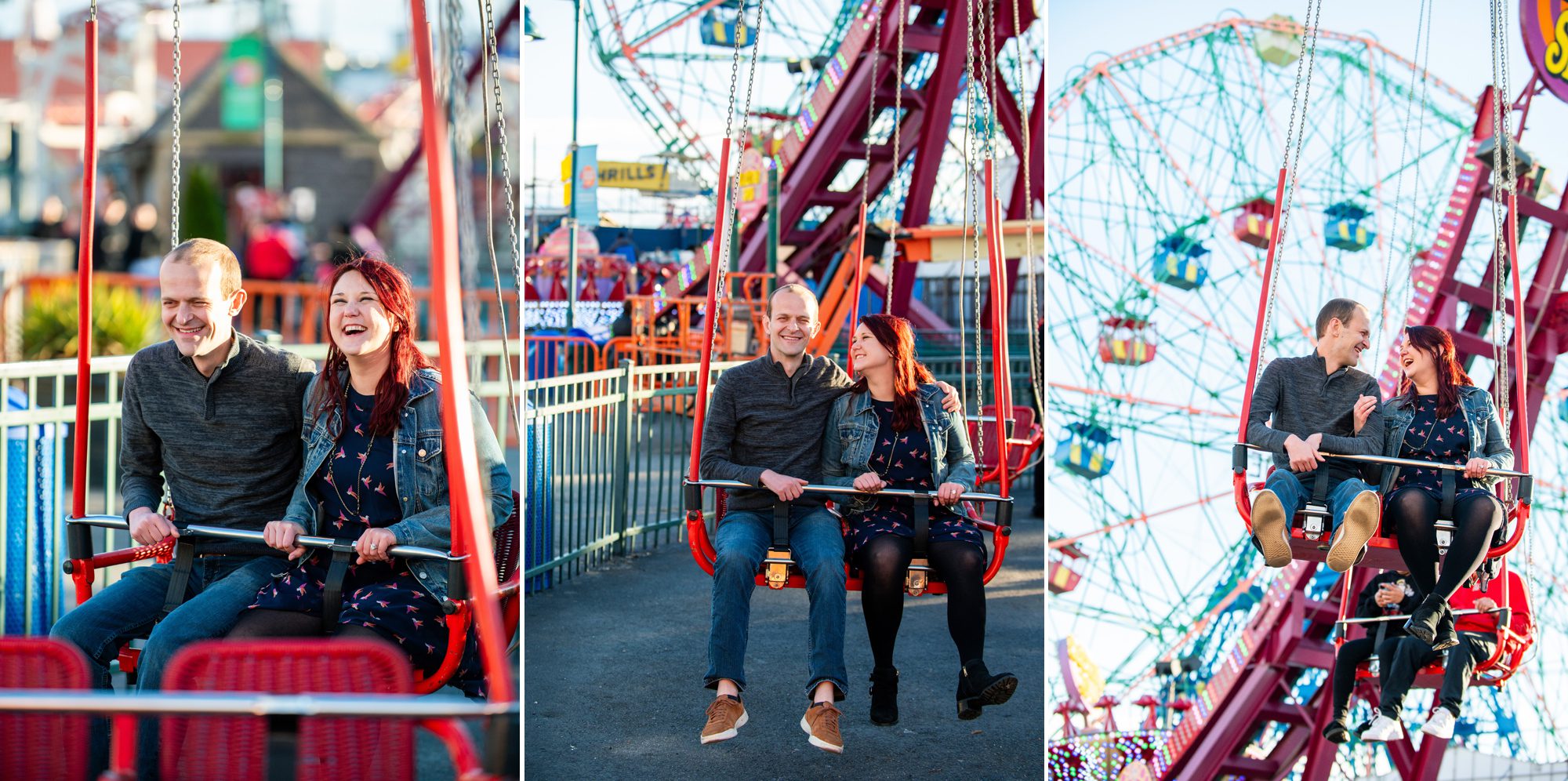 Couple riding swings at Coney Island for Engagement Photos in Brookyln 