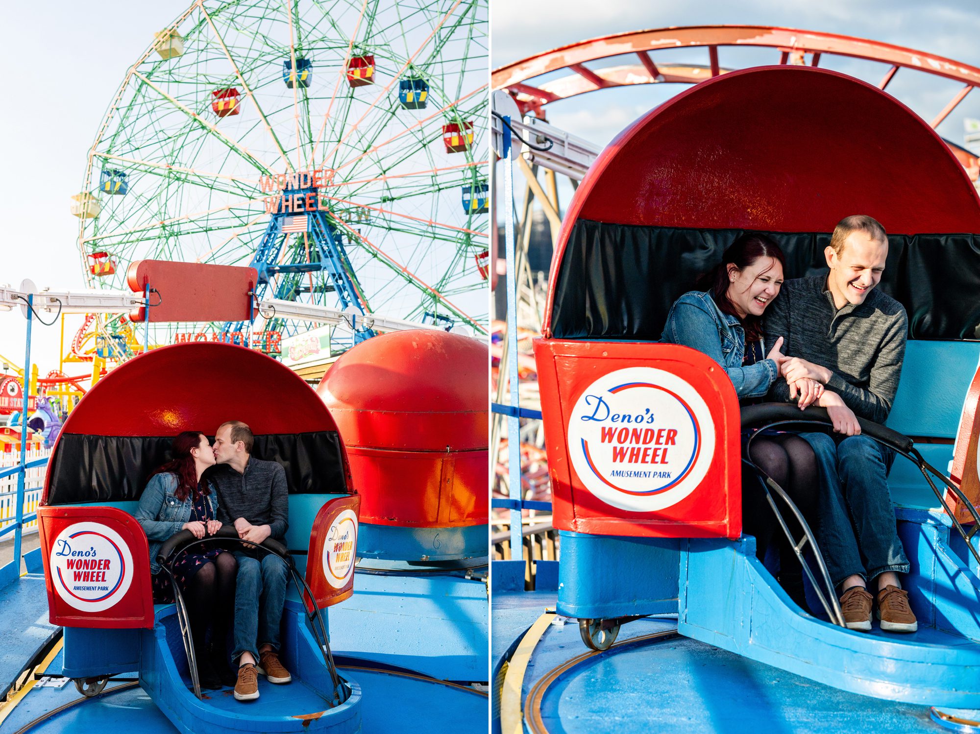 Couple riding the Tilt a Whirl for engagement photos at sunset in Coney Island 