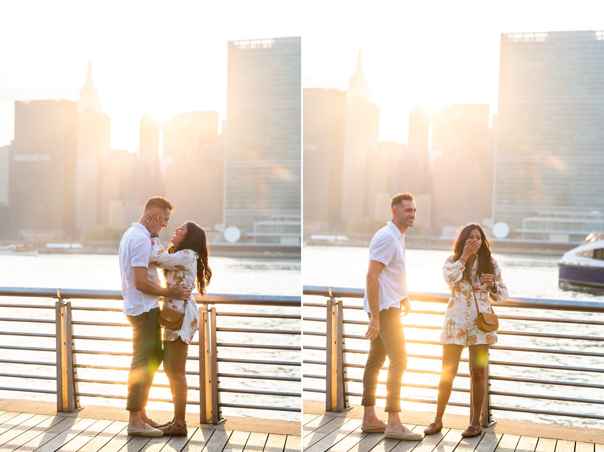 Couple reacting to wedding ring after surprise wedding proposal in Gantry Park at sunset. 