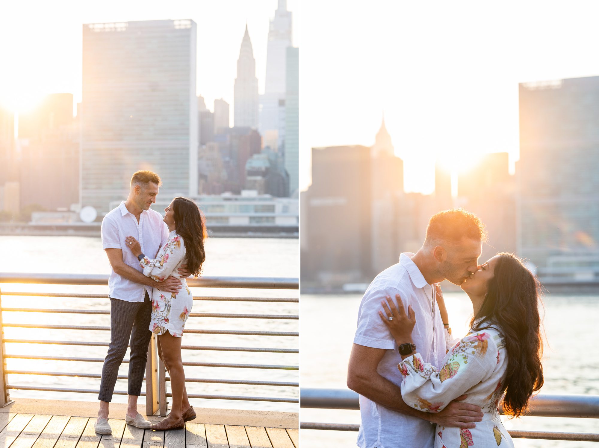 Engagement photos after a proposal at sunset in Gantry Park. 