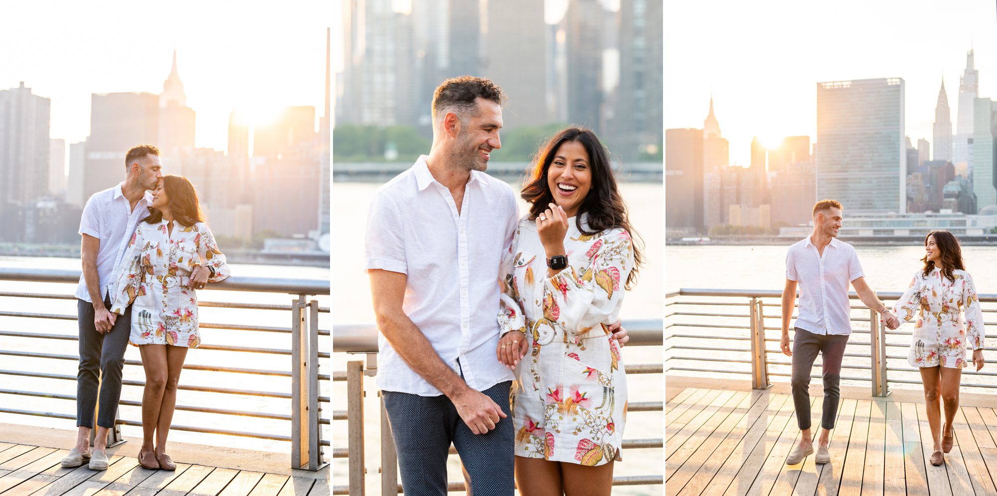 Sunset engagement photos in Gantry Park in Queens. 