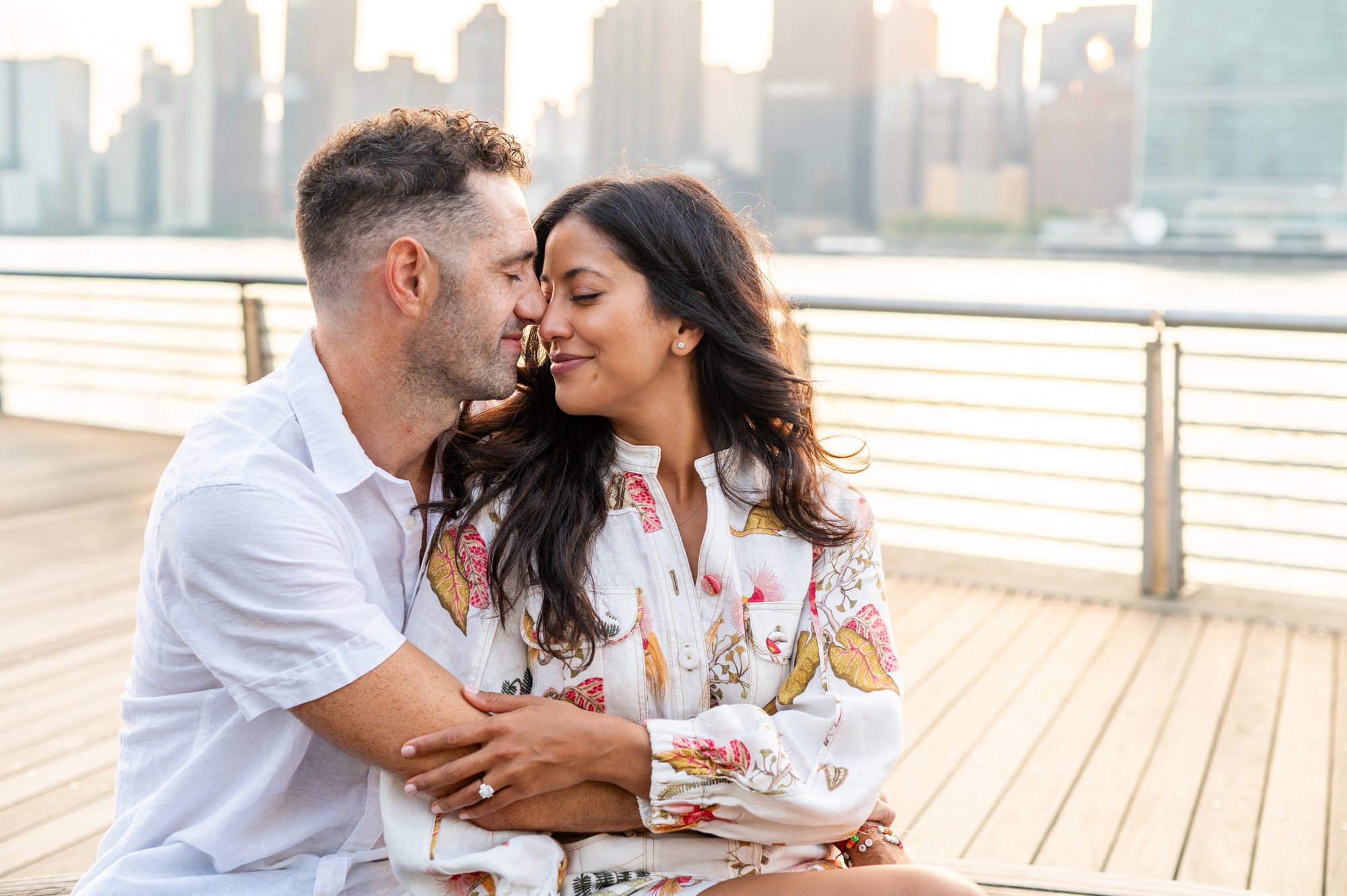 Engagement photos at sunset in Gantry Park, Queens NY