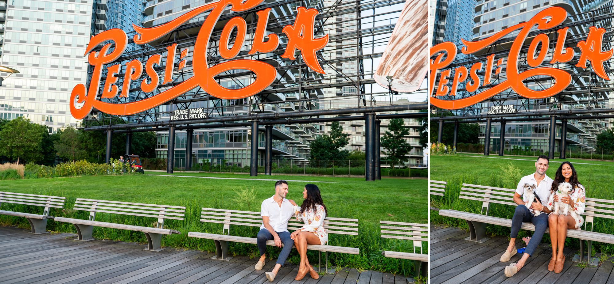 Engagement photos by the Pepsi Cola Sign in Gantry Park. 