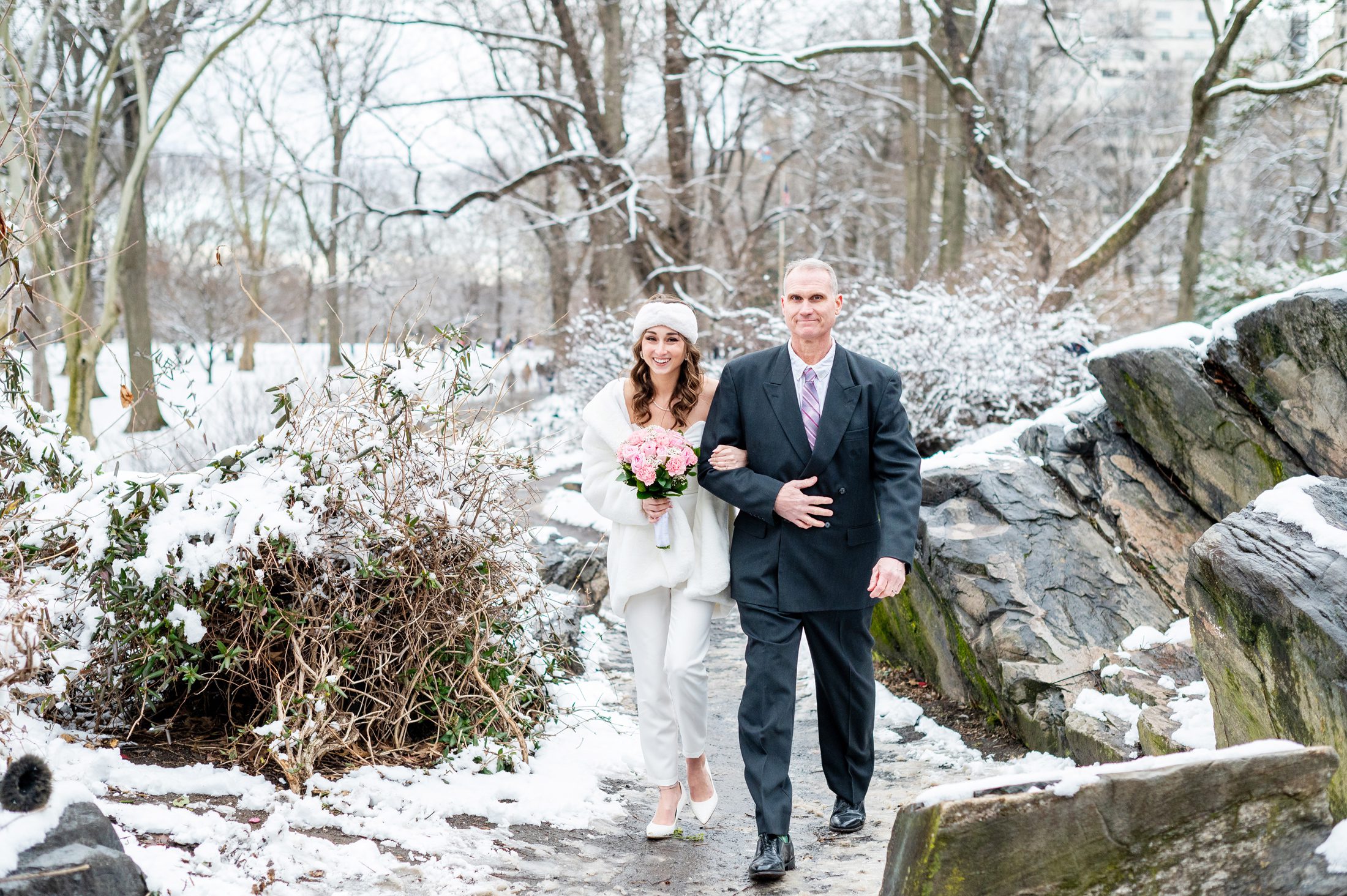 Bride with Dad at wedding ceremony in Central Park 