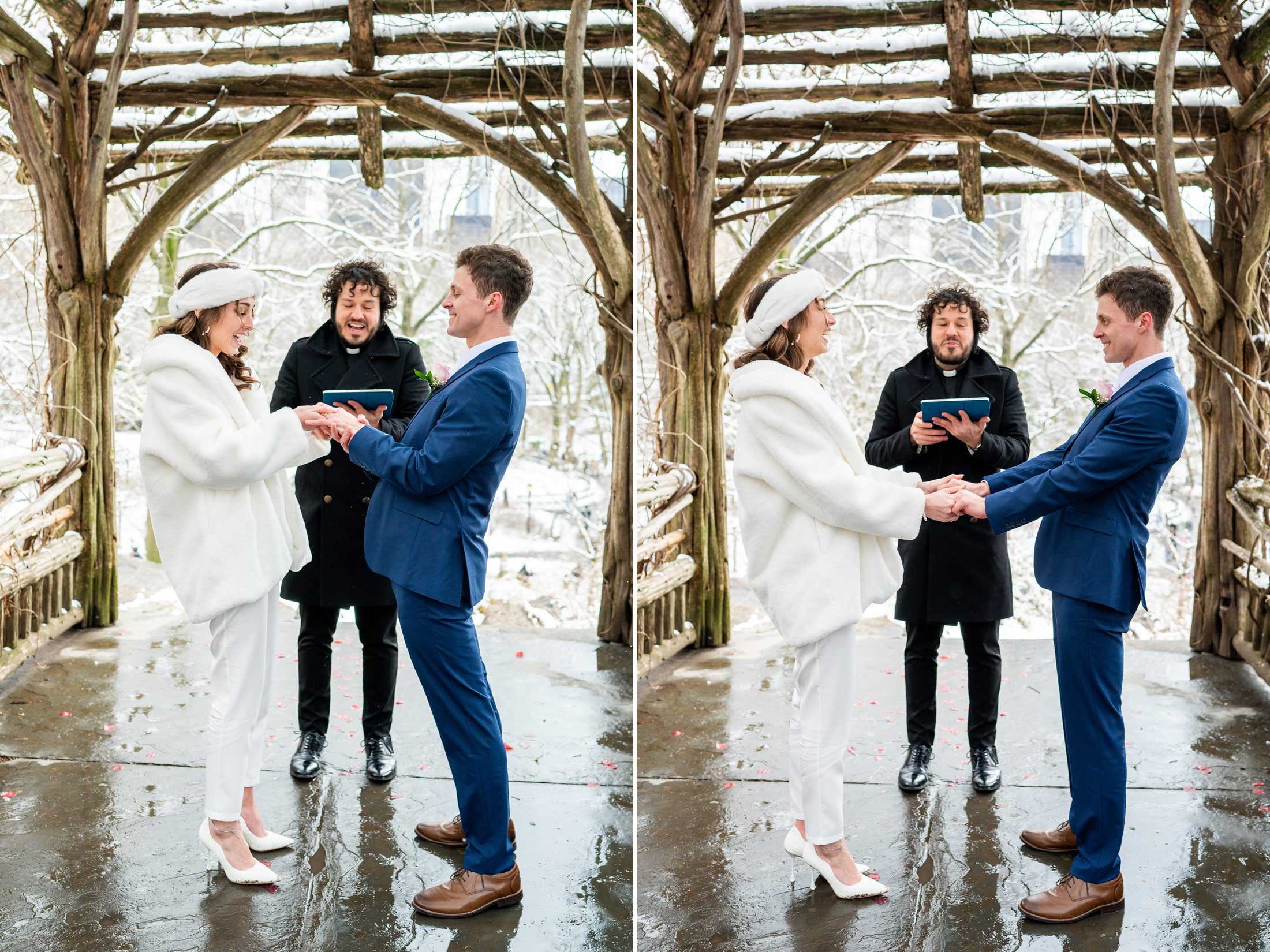 Elopement ceremony in Central Park in the snow 