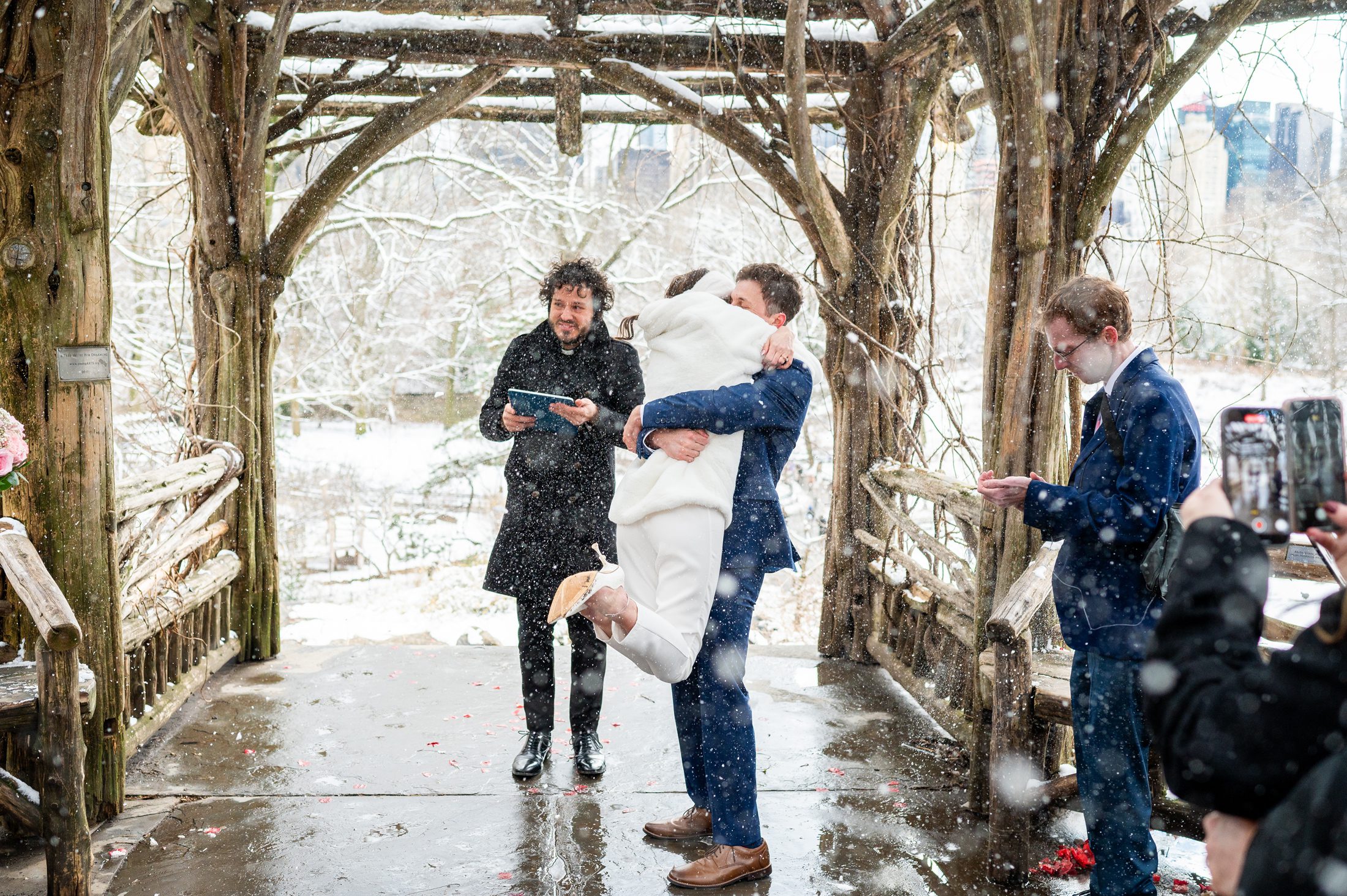 Winter elopement in Central Park in the snow 