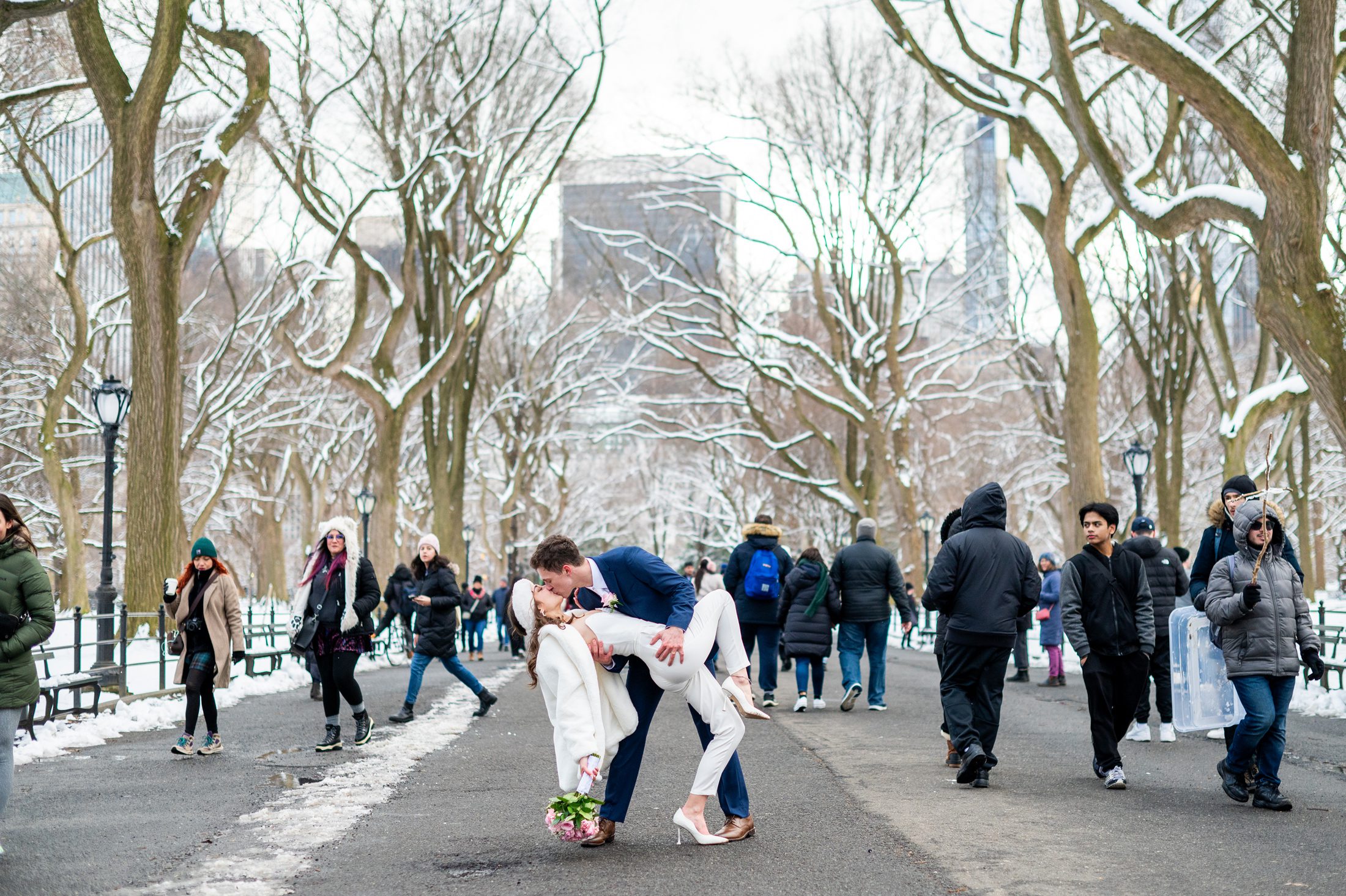 Romantic elopement in Central Park in Winter 
