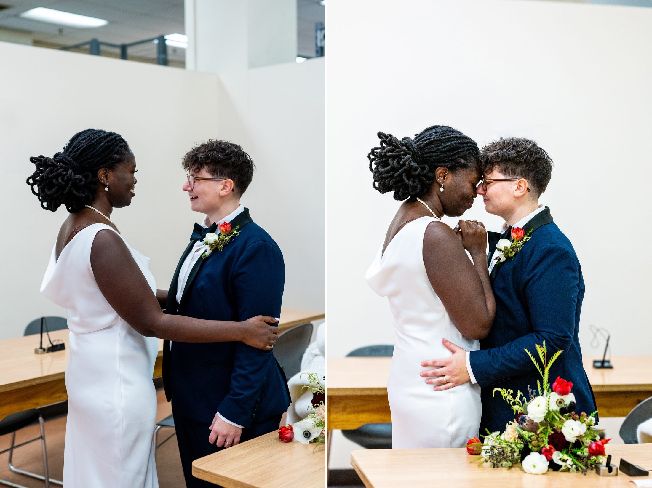 Queer couple waiting to get married at Brooklyn City Hall 