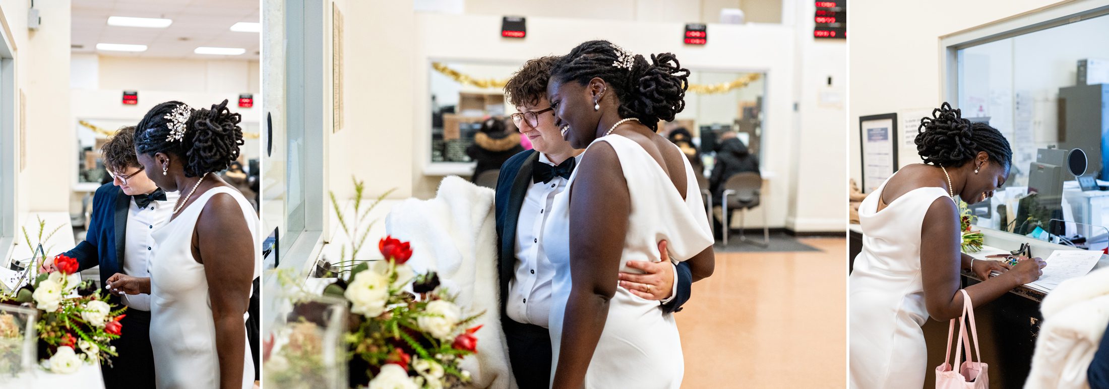 A queer couple signing their marriage license while eloping in NYC