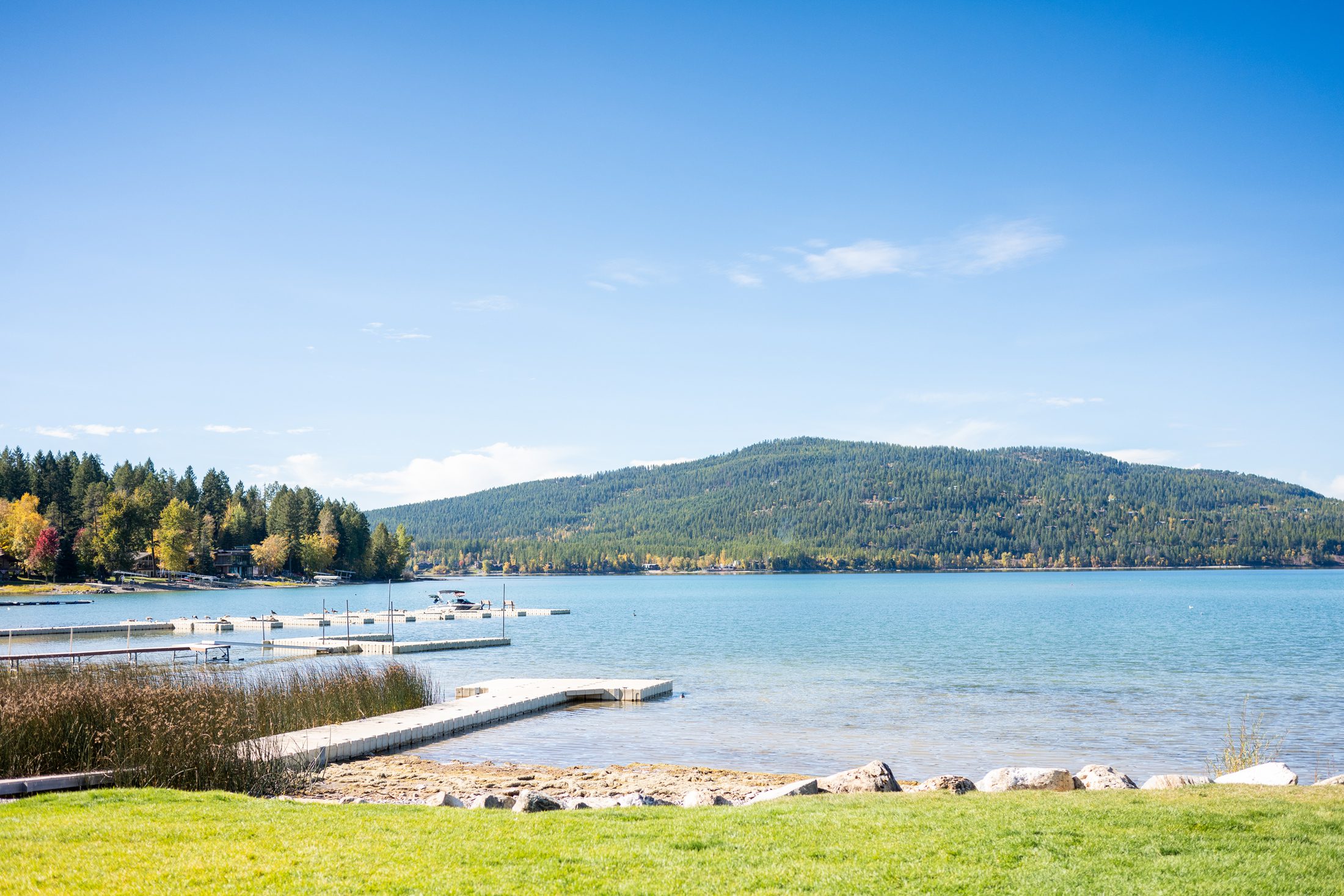 The view on the lawn at the Lodge at Whitefish Lake