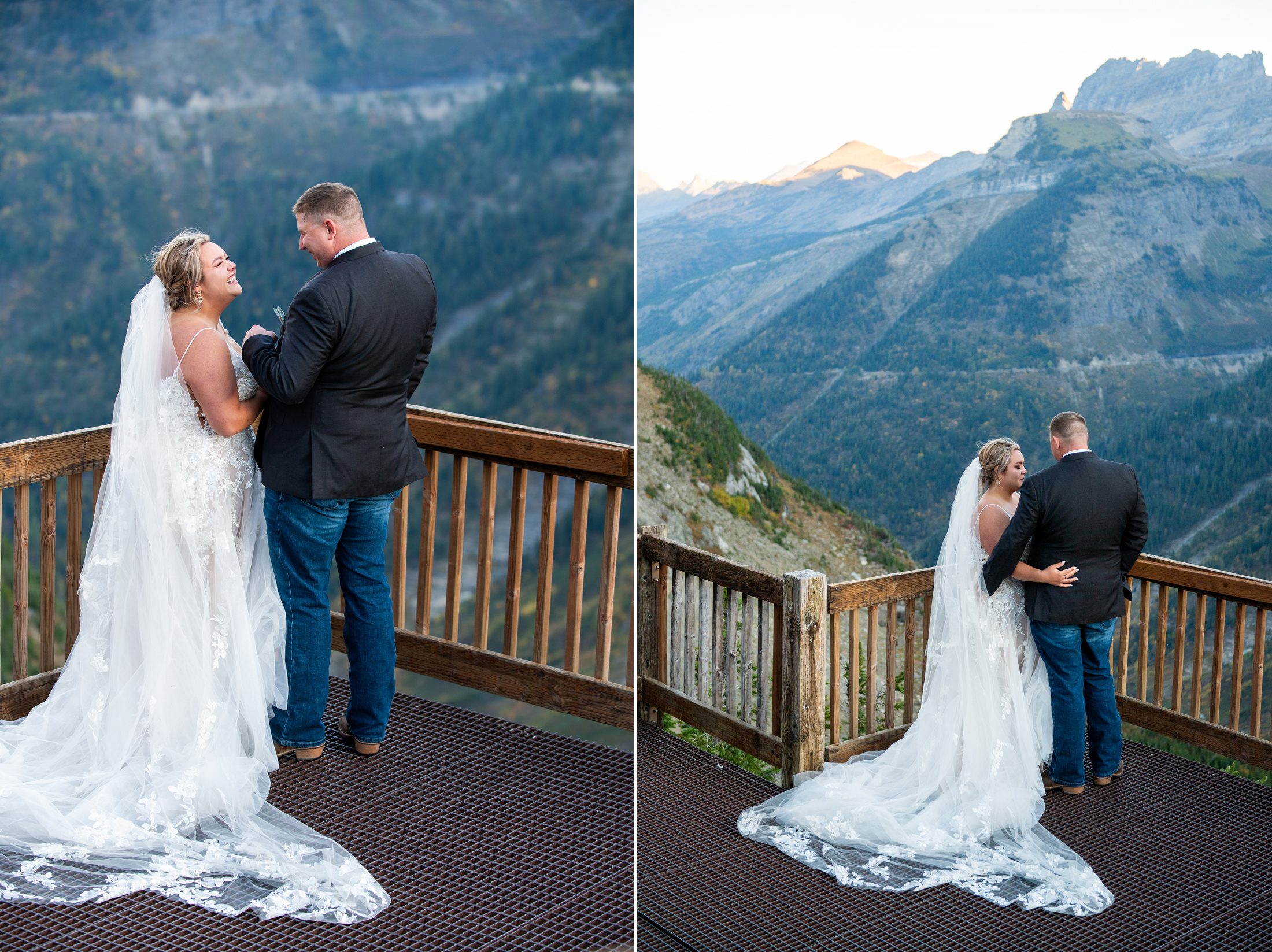 Wedding couple saying vows at sunrise in Glacier National Park