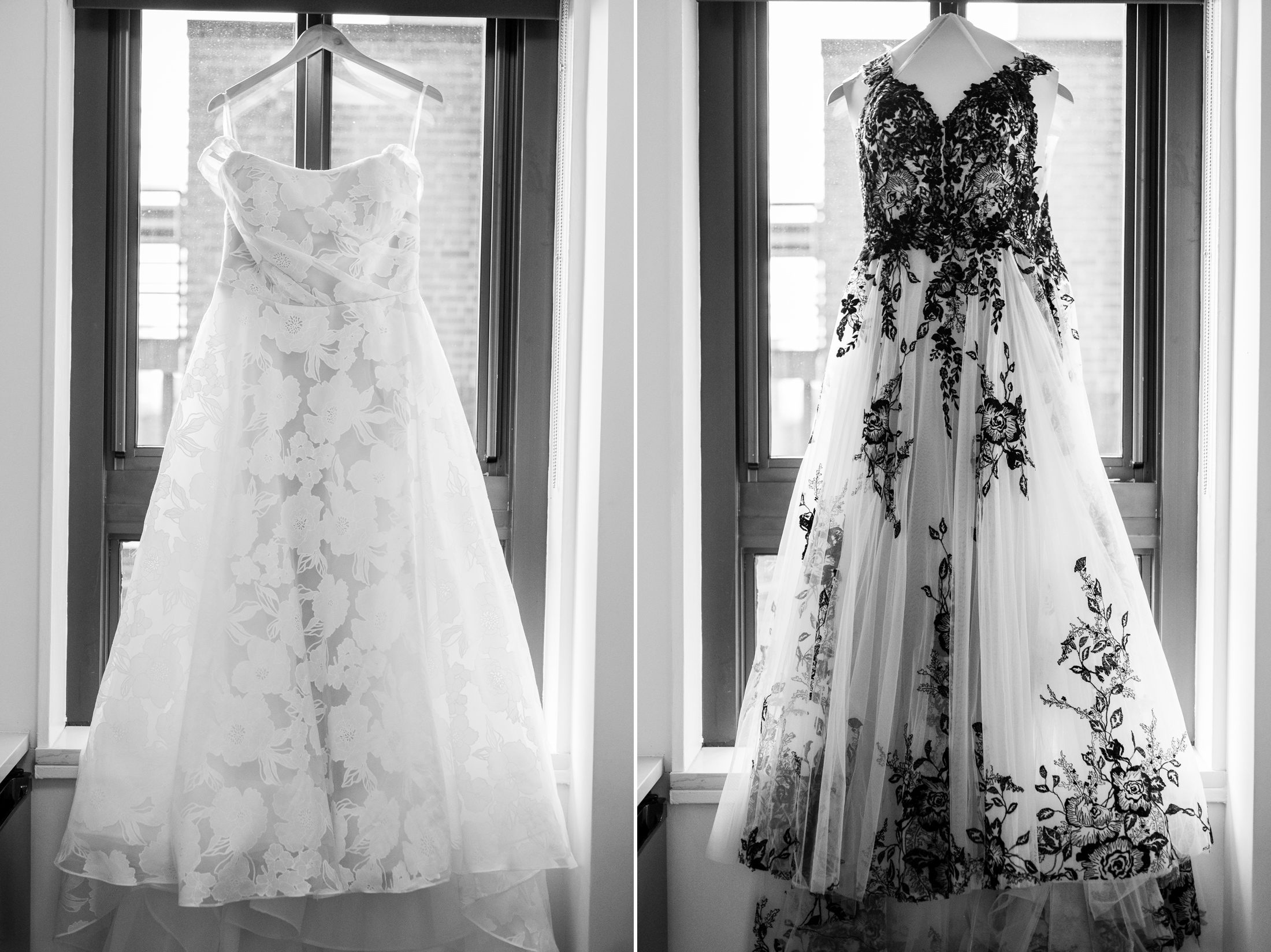 Black and white photo of wedding dresses
