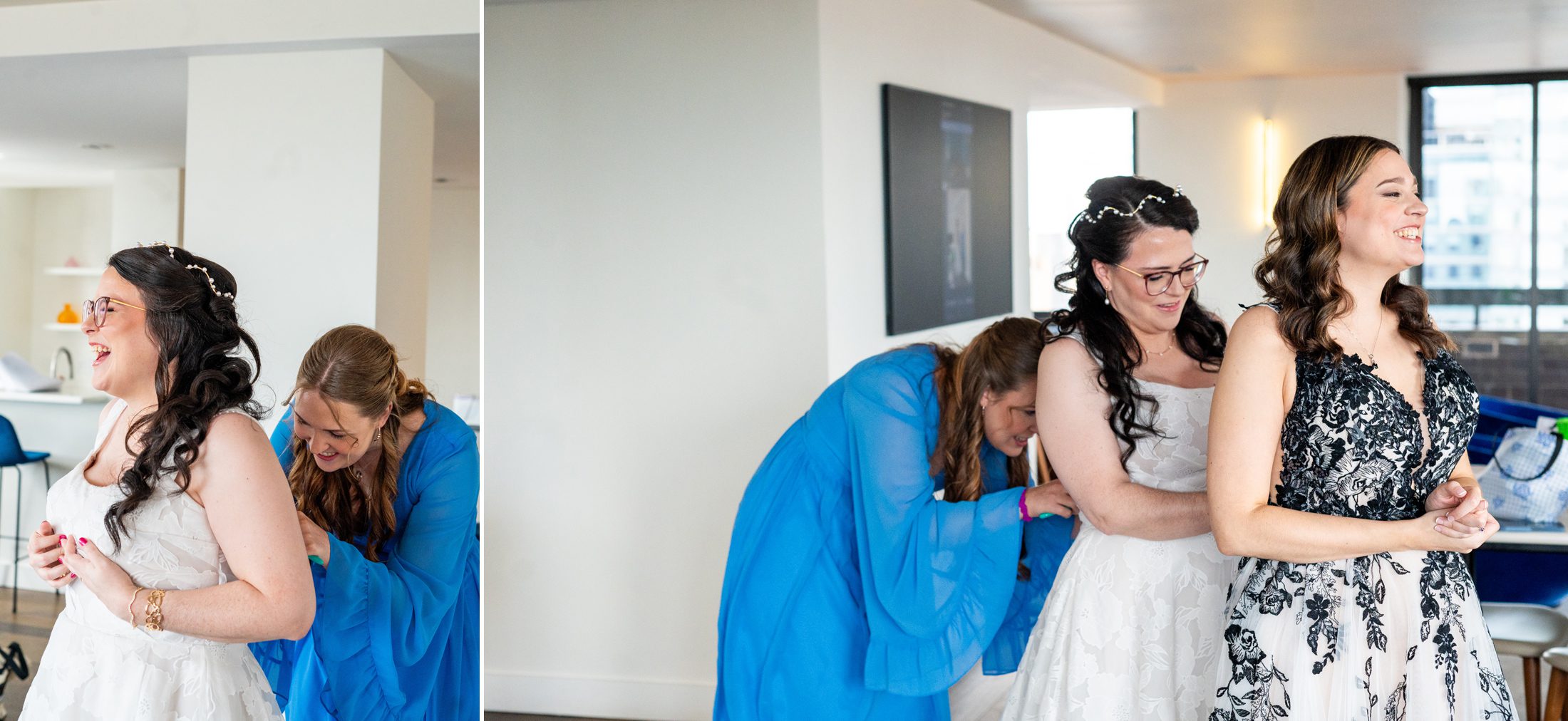 Brides getting into dresses before their wedding at Museum of Art and Design