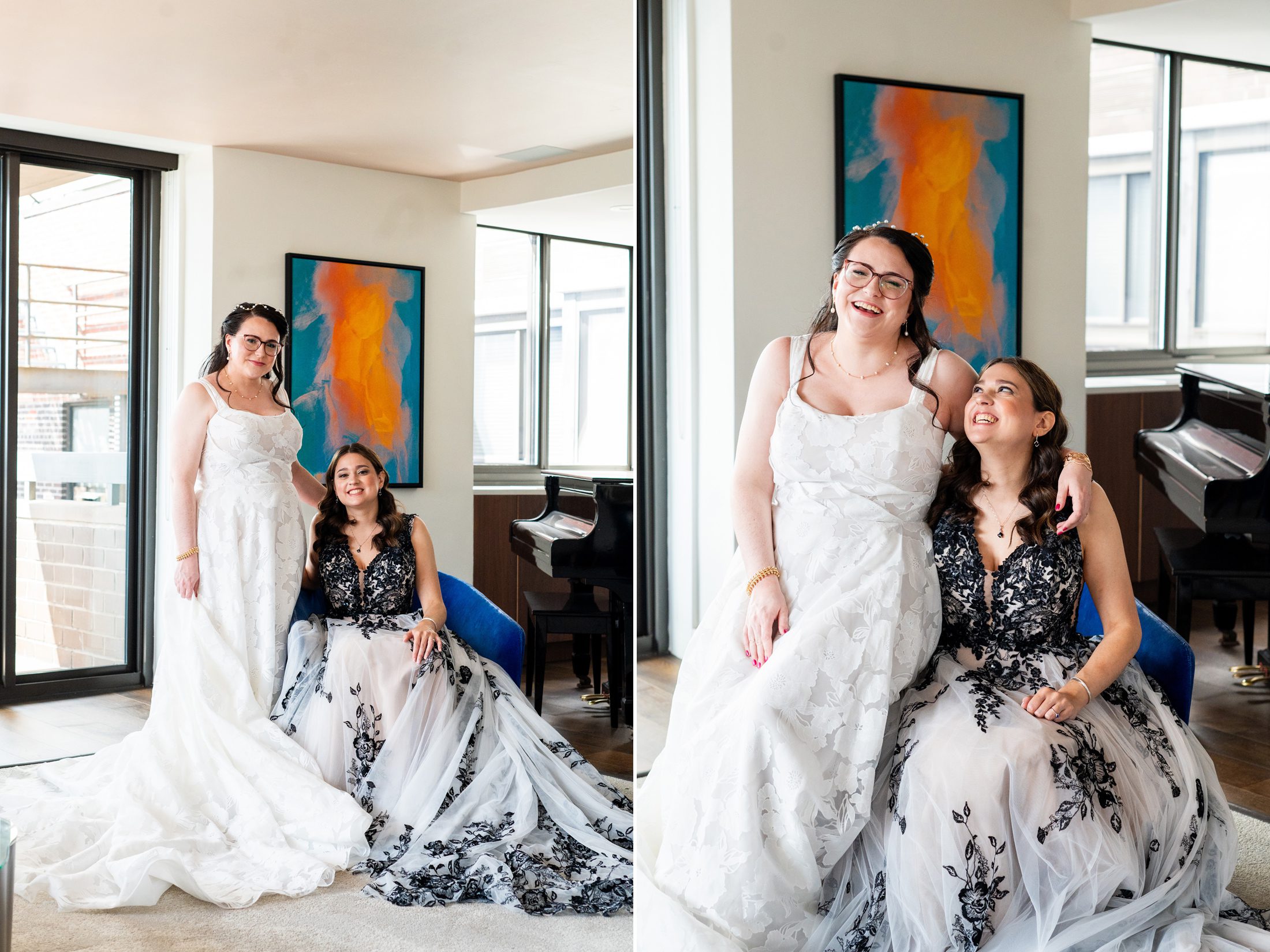 Two brides in front of a painting