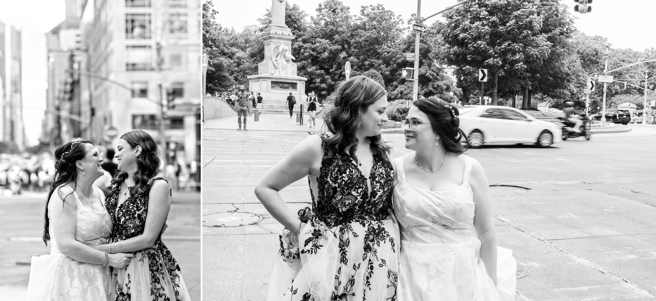 Black and white photos of brides in Columbus Circle