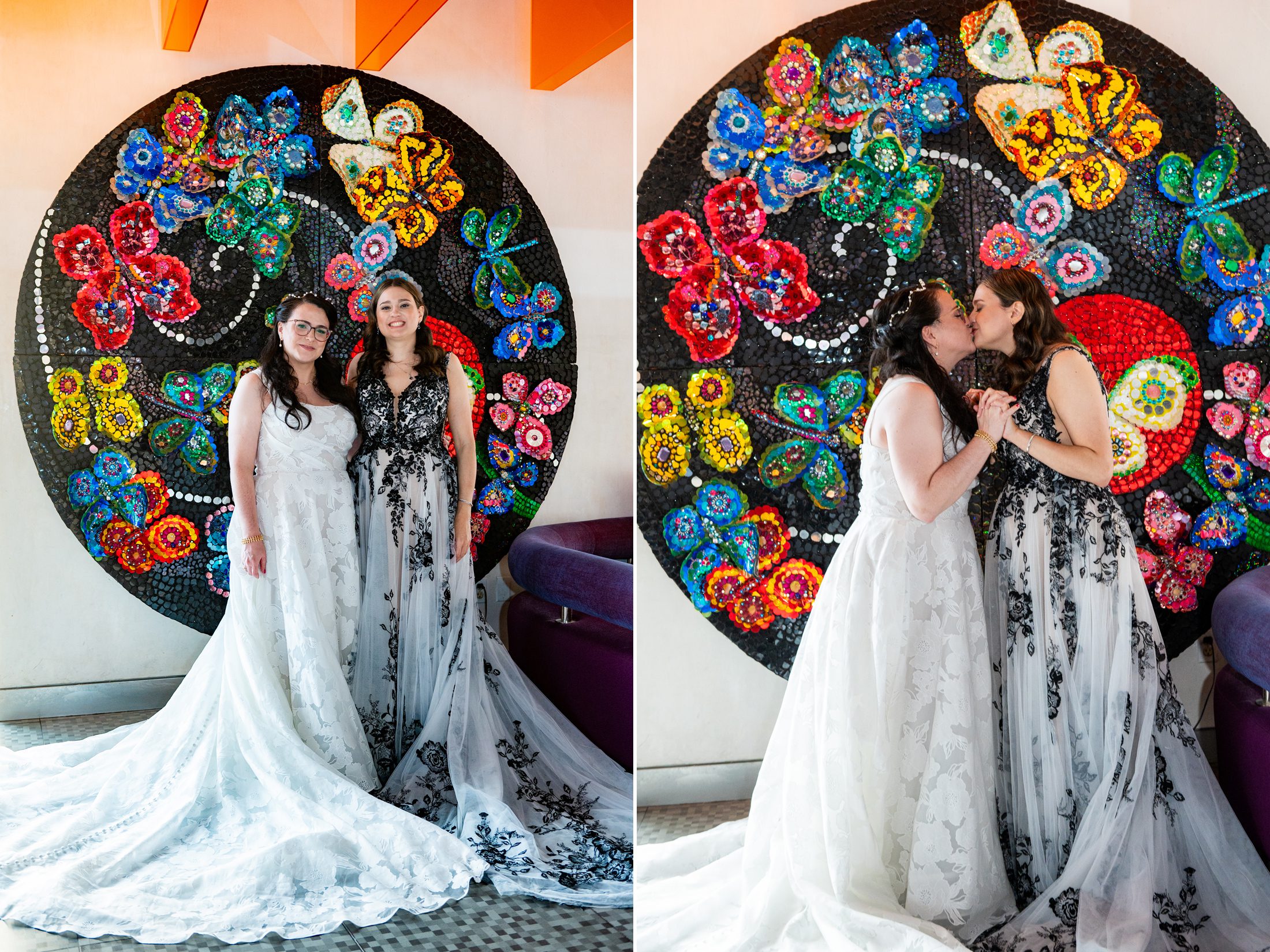 Two brides in front of colorful butterflies at Museum of Art and Design in NYC