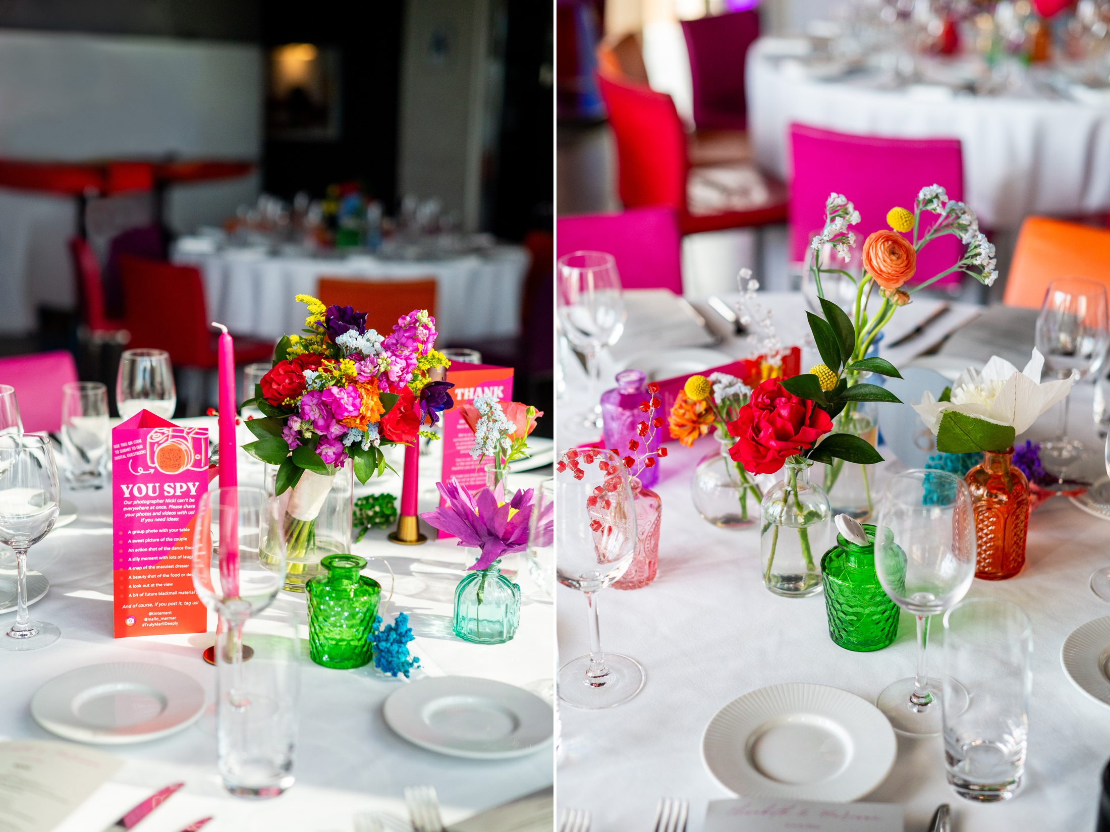 Bright colored wedding table details 
