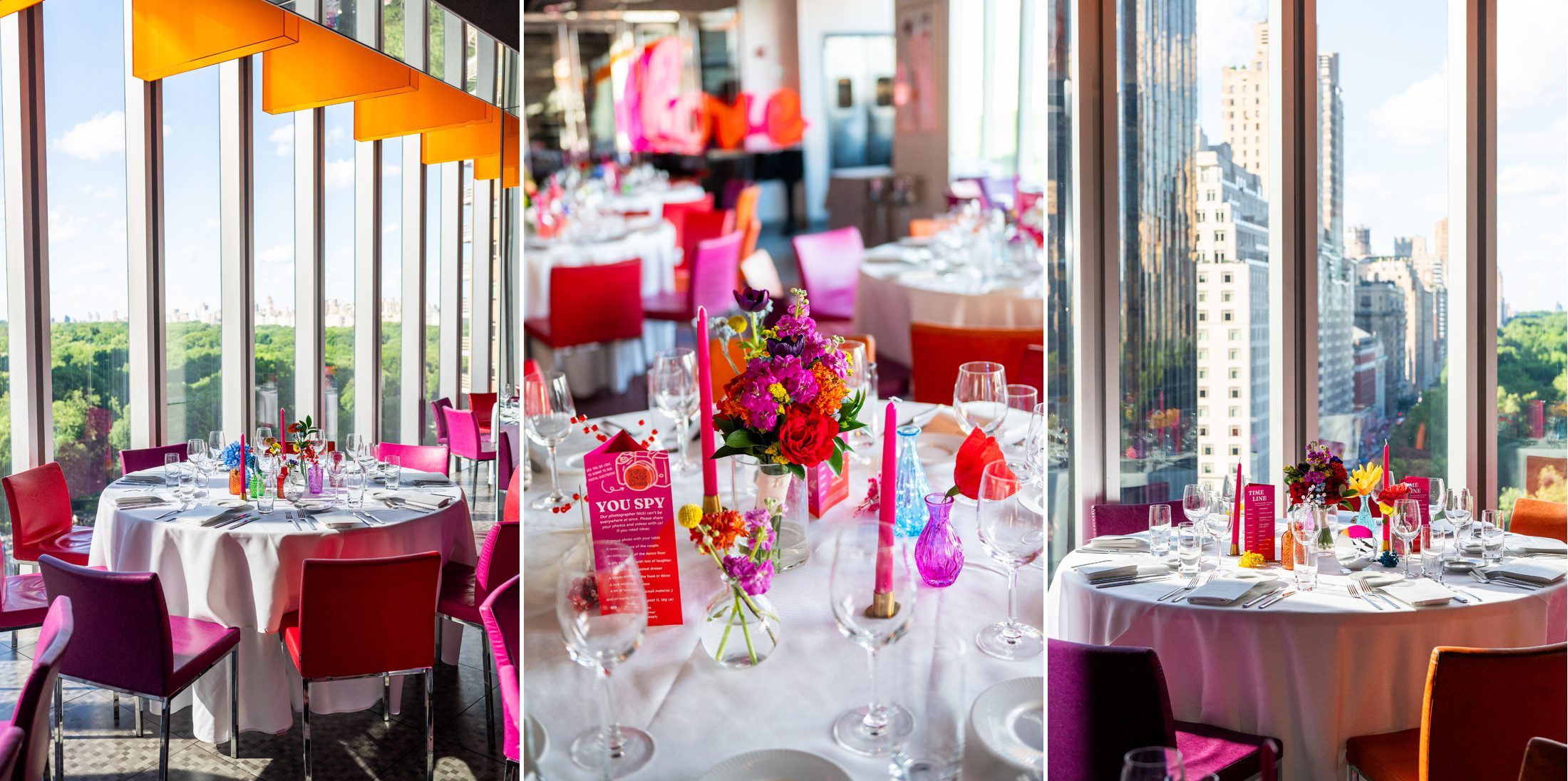 Bright colored wedding table details at Robert at Museum of Art and Design a wedding venue in NYC