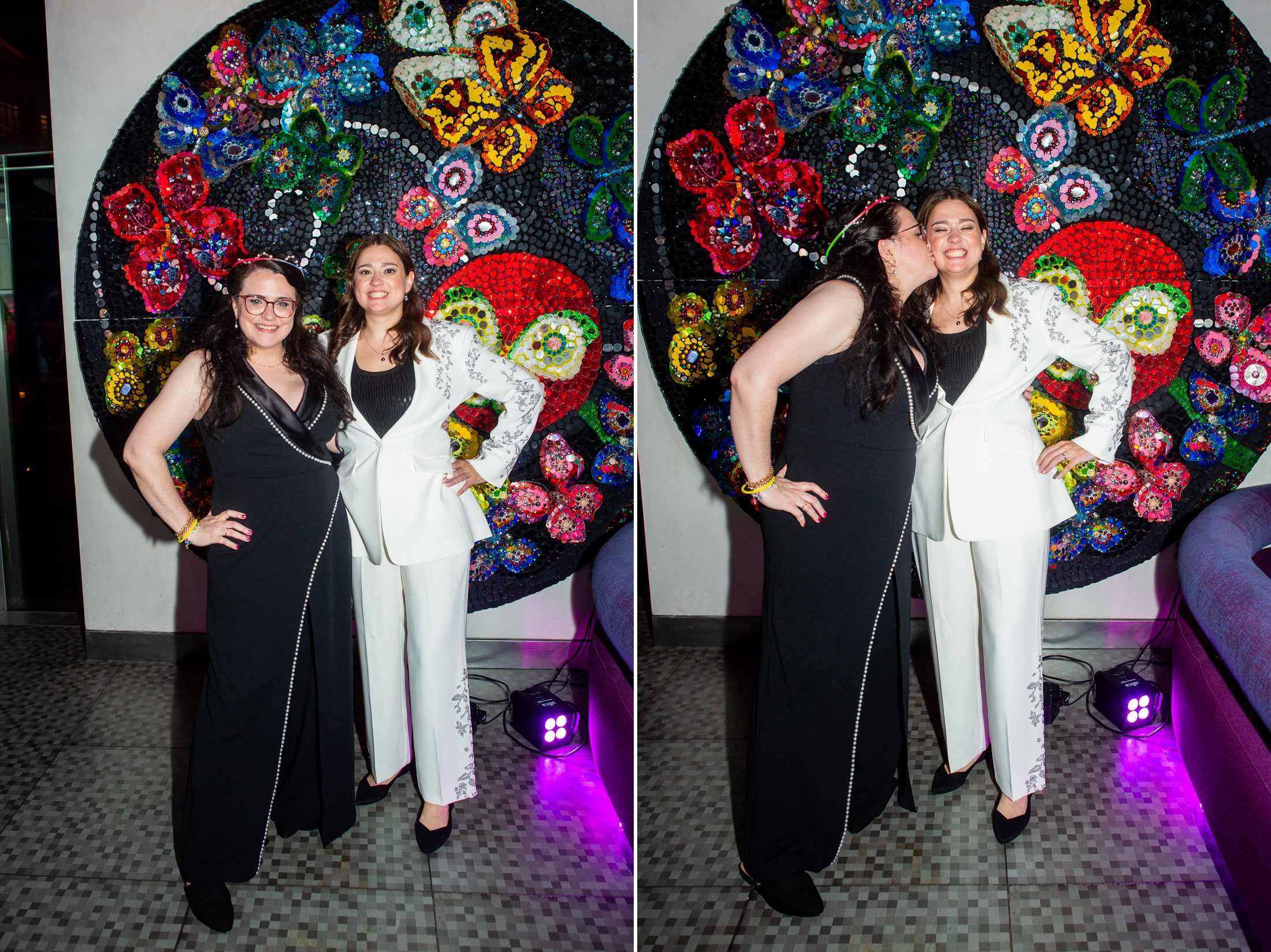 Brides in reception outfit at wedding reception 